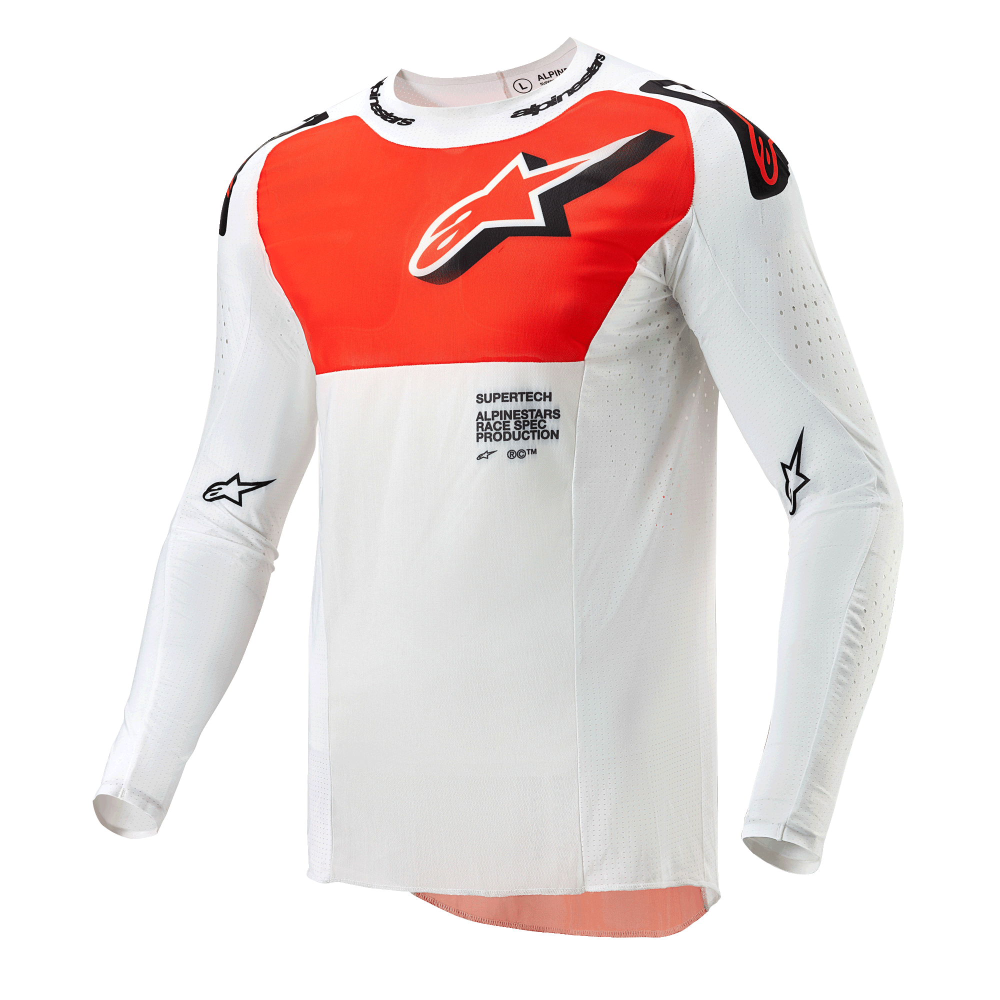 Alpinestars 2024 Supertech Ward Jersey, motorcross jersey, wit en feloranje, technisch shirt met lange mouwen met een grote oranje graphic op de borst, sterlogo en ademende geperforeerde constructie voor off-road racen.
