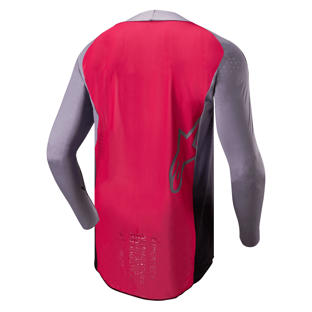 Alpinestars 2024 Supertech Dade Jersey, motocross shirt, Iron Red Berry en grijs, achteraanzicht met ademende mesh-constructie, omtrek van het Alpinestars-sterlogo en professionele race-spec branding