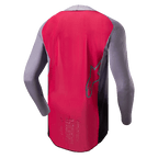 Alpinestars 2024 Supertech Dade Jersey, motocross shirt, Iron Red Berry en grijs, achteraanzicht met ademende mesh-constructie, omtrek van het Alpinestars-sterlogo en professionele race-spec branding