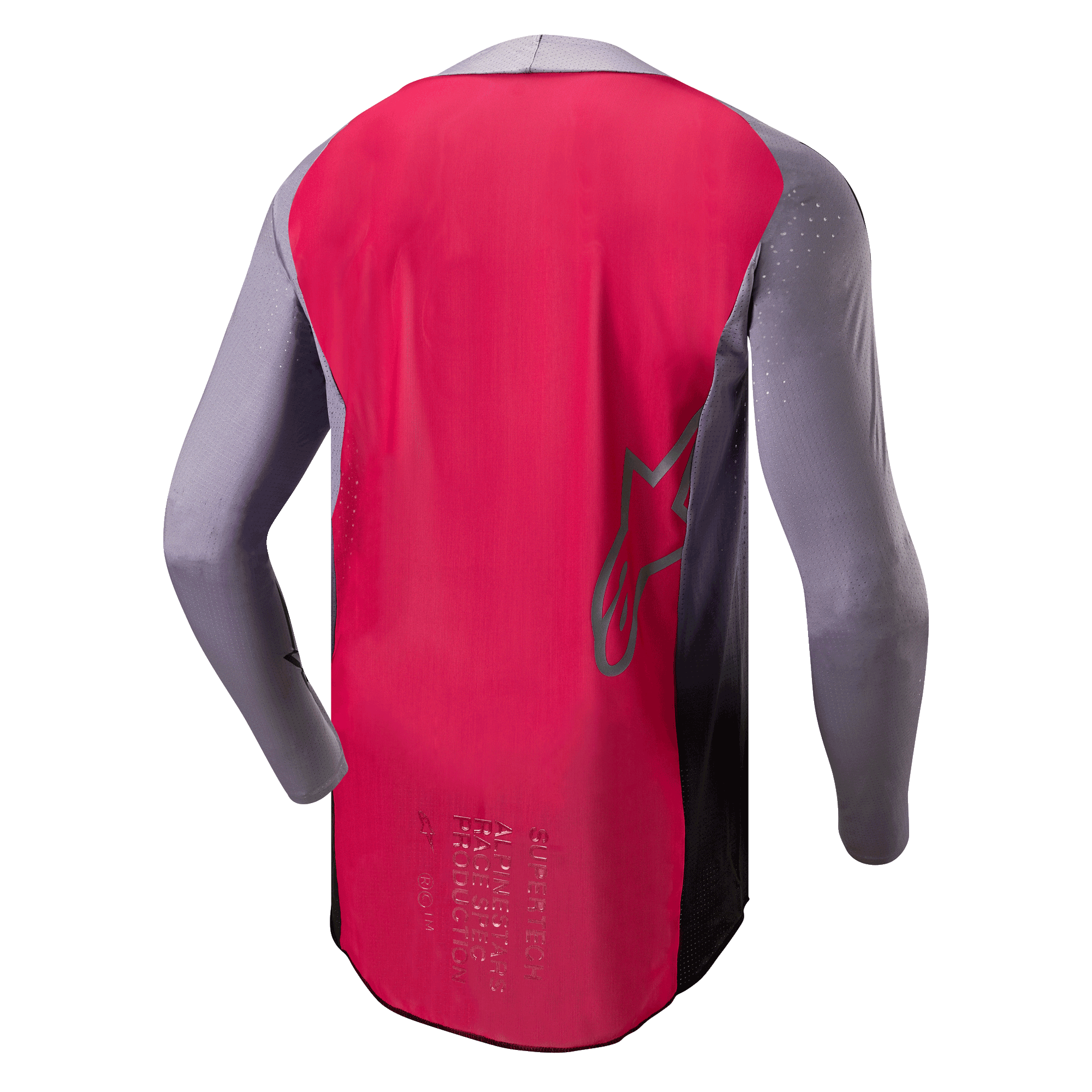 Alpinestars 2024 Supertech Dade Jersey, motocross shirt, Iron Red Berry en grijs, achteraanzicht met ademende mesh-constructie, omtrek van het Alpinestars-sterlogo en professionele race-spec branding
