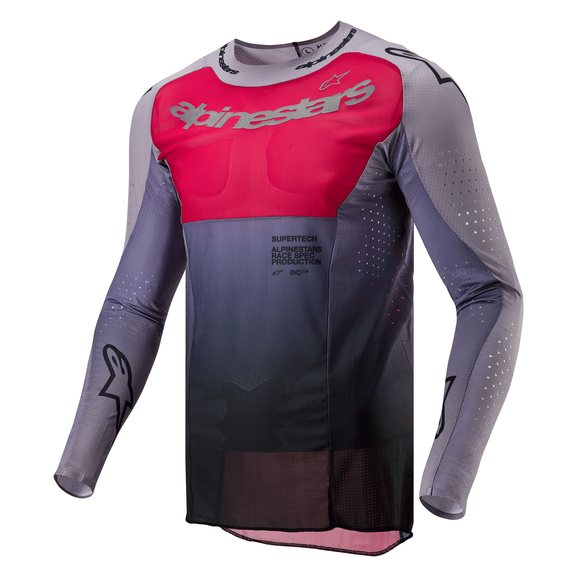 Alpinestars 2024 Supertech Dade Jersey, motorcross jersey, Iron Red Berry en grijs, met een levendig rood borstpaneel met zilveren branding, donkergrijs kleurverloop bij de taille, lasergesneden perforaties op de mouwen en zijkanten, en een atletisch race-fit ontwerp.