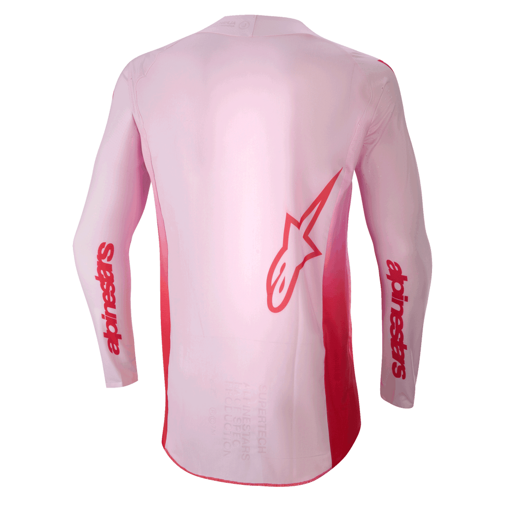 Alpinestars 2024 Supertech Dade Jersey, motocross jersey, Red Berry Lilac, achteraanzicht met een groot rood Astar-logo op de rug en rode Alpinestars-branding op de mouwen, lichtgewicht stretch mesh constructie met een verlengd rugpand voor off-road prestaties.