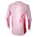 Alpinestars 2024 Supertech Dade Jersey, motocross jersey, Red Berry Lilac, achteraanzicht met een groot rood Astar-logo op de rug en rode Alpinestars-branding op de mouwen, lichtgewicht stretch mesh constructie met een verlengd rugpand voor off-road prestaties.
