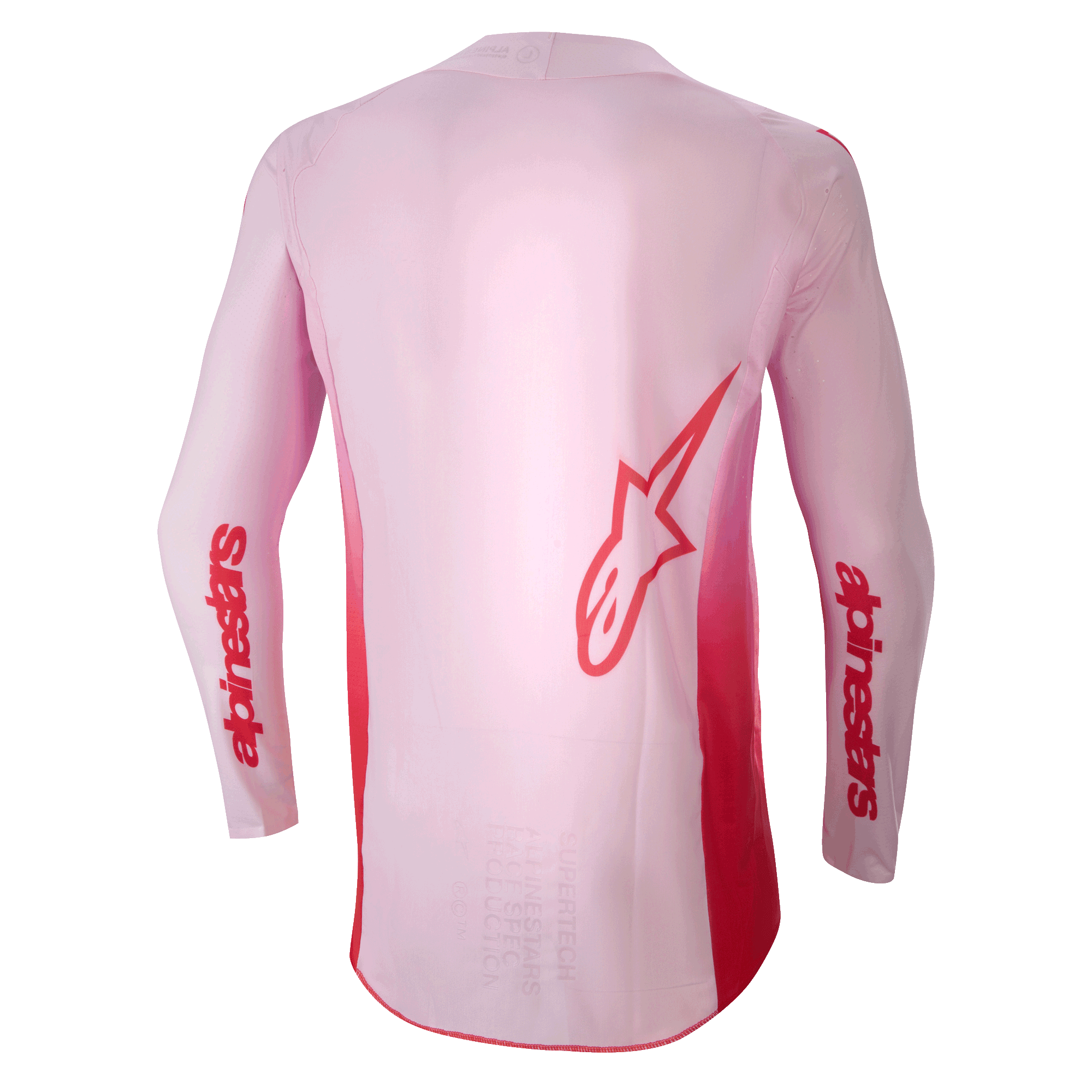 Alpinestars 2024 Supertech Dade Jersey, motocross jersey, Red Berry Lilac, achteraanzicht met een groot rood Astar-logo op de rug en rode Alpinestars-branding op de mouwen, lichtgewicht stretch mesh constructie met een verlengd rugpand voor off-road prestaties.