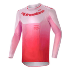 Alpinestars 2024 Supertech Dade Jersey, motocross shirt, Red Berry Lilac, met een roze naar rood kleurverloop, atletische pasvorm met lange mouwen, lasergesneden ventilatieopeningen en een opvallende merknaam op de borst, hoogwaardige kleding voor off-road rijden
