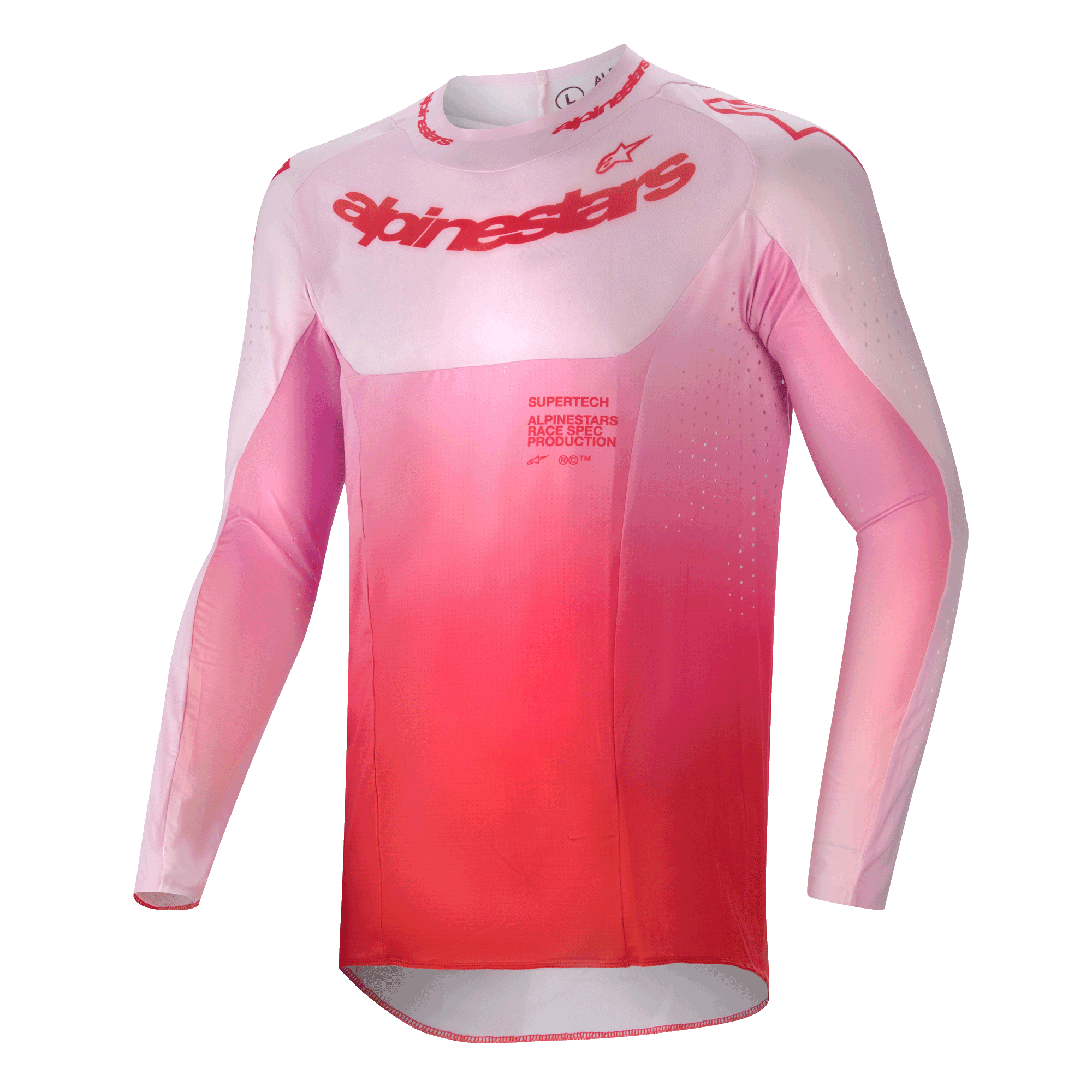 Alpinestars 2024 Supertech Dade Jersey, motocross shirt, Red Berry Lilac, met een roze naar rood kleurverloop, atletische pasvorm met lange mouwen, lasergesneden ventilatieopeningen en een opvallende merknaam op de borst, hoogwaardige kleding voor off-road rijden
