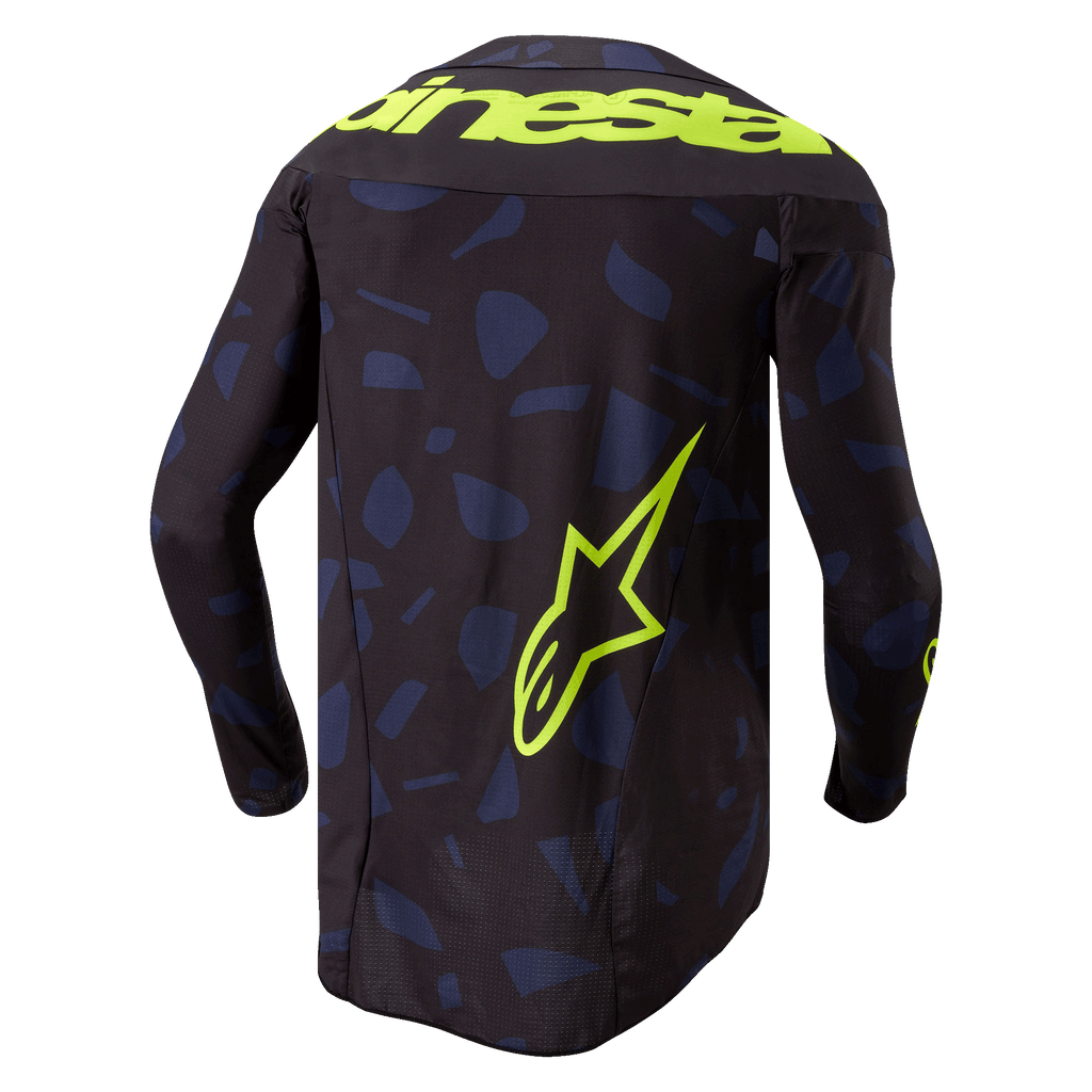 Alpinestars 2024 Techstar Rantera Jersey, motocross jersey, zwart navy geel fluo, achteraanzicht, met een marineblauw geometrisch patroon op een zwarte basis, opvallende fluogele Alpinestars-tekst over de schouders en een groot sterlogo op de onderrug, technische kleding met lange mouwen voor off-road racing