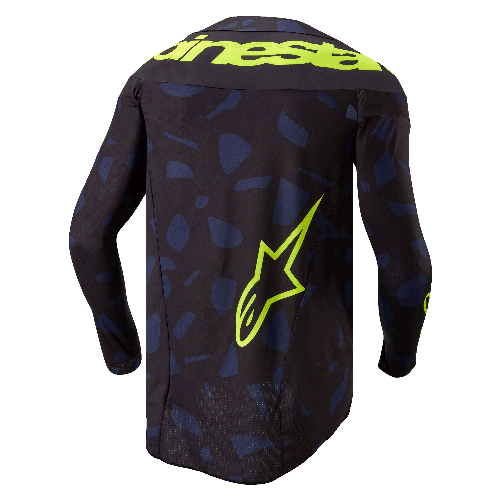 Alpinestars 2024 Techstar Rantera Jersey, motocross jersey, zwart navy geel fluo, achteraanzicht, met een marineblauw geometrisch patroon op een zwarte basis, opvallende fluogele Alpinestars-tekst over de schouders en een groot sterlogo op de onderrug, technische kleding met lange mouwen voor off-road racing
