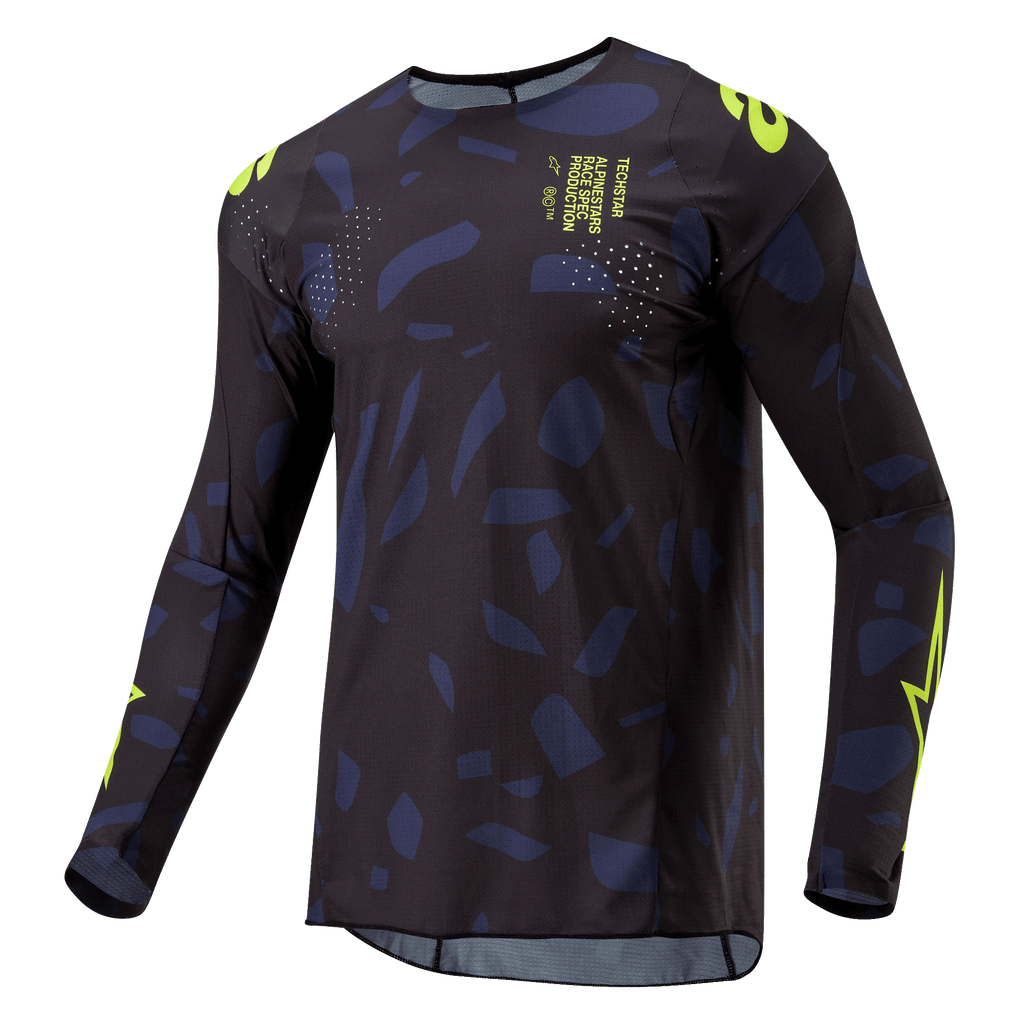 Alpinestars 2024 Techstar Rantera Jersey, motorcross shirt, zwart, marineblauw en neongeel, lange mouwen, atletische pasvorm met abstract patroon, neongele branding en tekstdetails, ontworpen voor off-road prestaties
