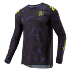Alpinestars 2024 Techstar Rantera Jersey, motorcross shirt, zwart, marineblauw en neongeel, lange mouwen, atletische pasvorm met abstract patroon, neongele branding en tekstdetails, ontworpen voor off-road prestaties