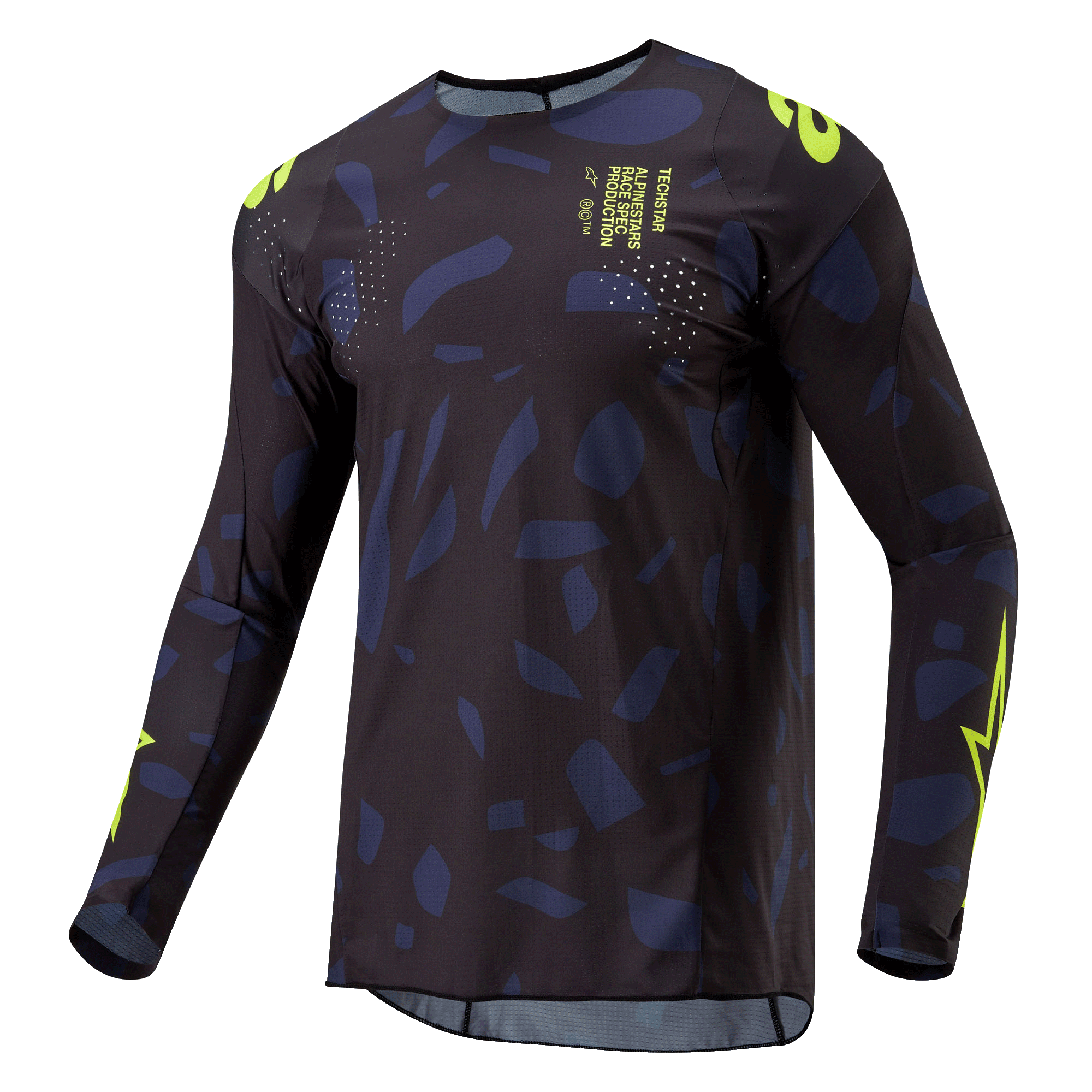 Alpinestars 2024 Techstar Rantera Jersey, motorcross shirt, zwart, marineblauw en neongeel, lange mouwen, atletische pasvorm met abstract patroon, neongele branding en tekstdetails, ontworpen voor off-road prestaties