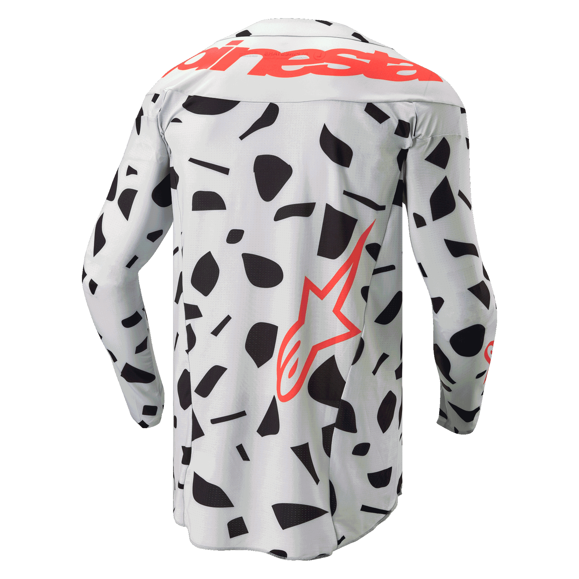 Alpinestars 2024 Techstar Rantera Jersey, achteraanzicht, motorcross shirt met lange mouwen, Haze Gray Camo met zwarte abstracte patronen, groot rood Alpinestars-logo over de schouders en een rood sterlogo aan de onderzijde, ontworpen voor off-road prestaties