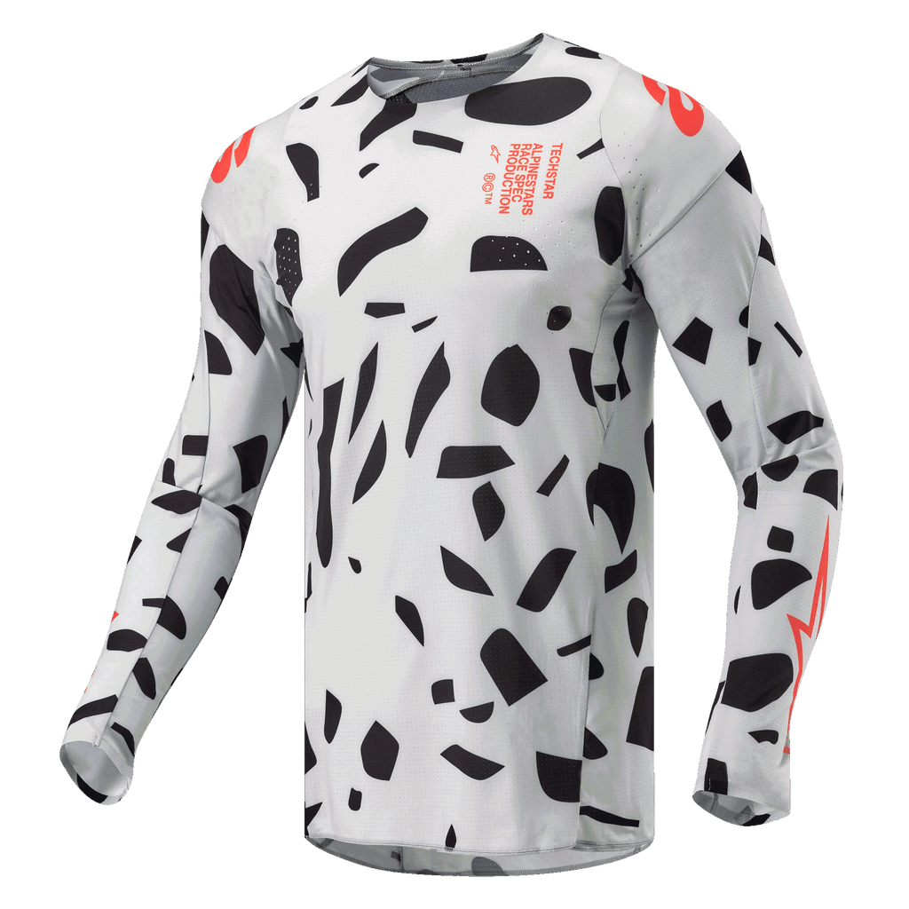 Alpinestars 2024 Techstar Rantera Jersey, motocross shirt, Haze Gray Camo met zwarte abstracte vormen en oranje accenten, lange mouwen, technische off-road race-uitrusting