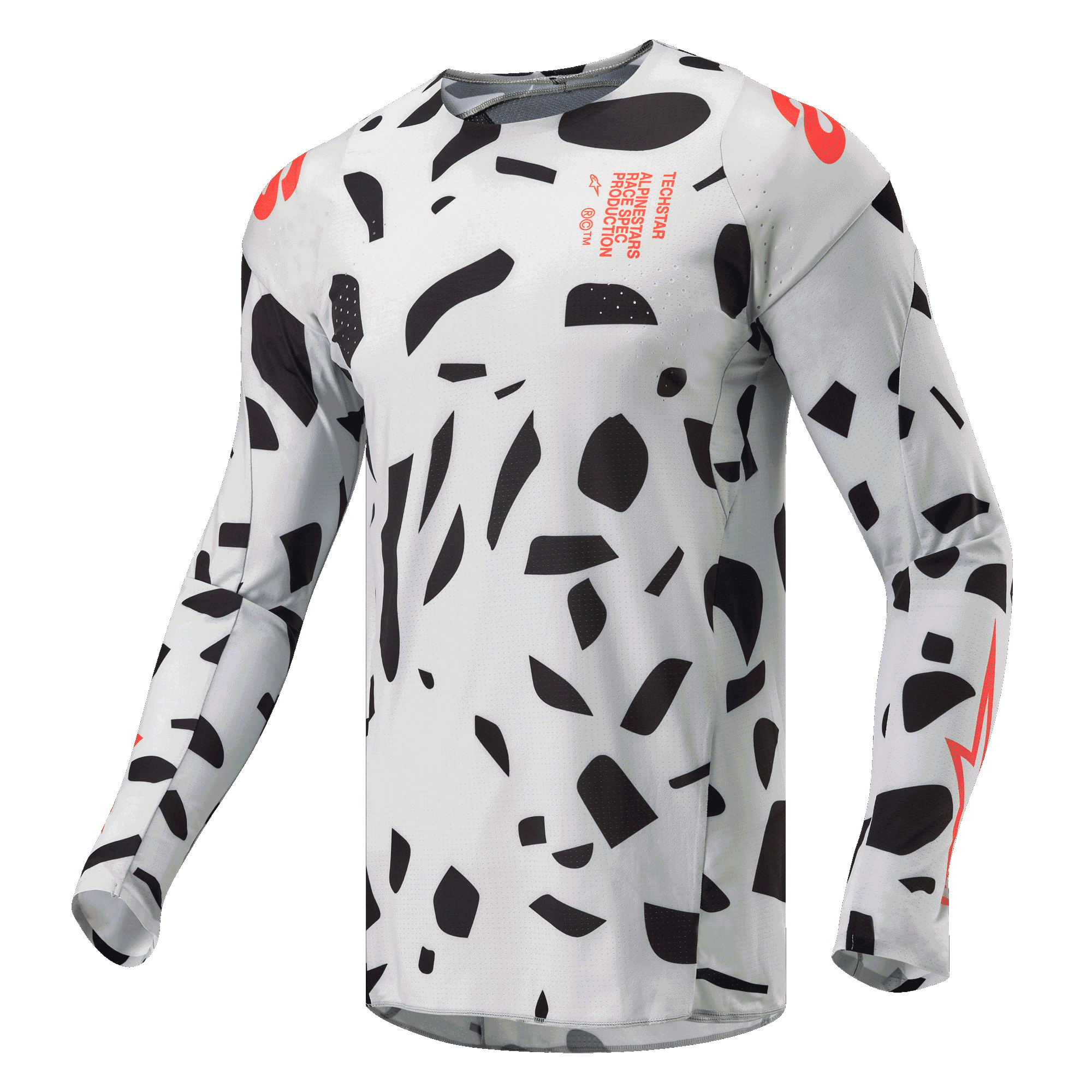 Alpinestars 2024 Techstar Rantera Jersey, motocross shirt, Haze Gray Camo met zwarte abstracte vormen en oranje accenten, lange mouwen, technische off-road race-uitrusting