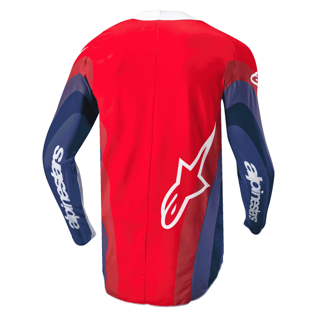 Alpinestars 2024 Techstar Pneuma Jersey, motorcross shirt, rood, blauw en wit, achteraanzicht met golvende graphics op de mouwen, wit Alpinestars-woordmerk op de mouwen en Astar-logo op de onderrug, ergonomisch ontwerp voor off-road rijden