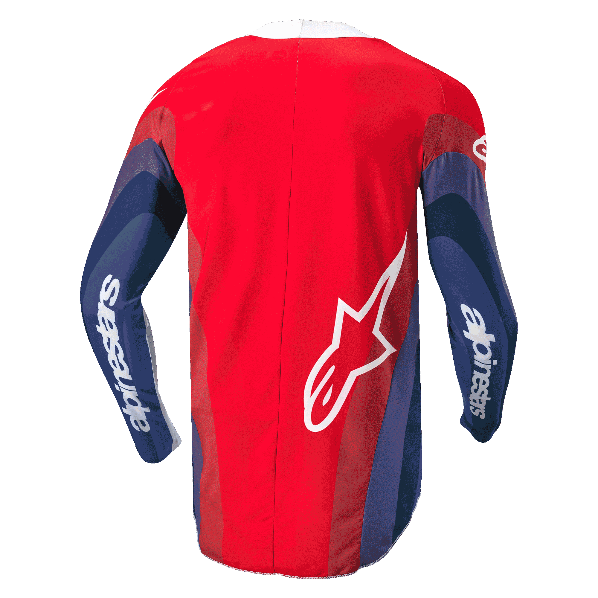Alpinestars 2024 Techstar Pneuma Jersey, motorcross shirt, rood, blauw en wit, achteraanzicht met golvende graphics op de mouwen, wit Alpinestars-woordmerk op de mouwen en Astar-logo op de onderrug, ergonomisch ontwerp voor off-road rijden