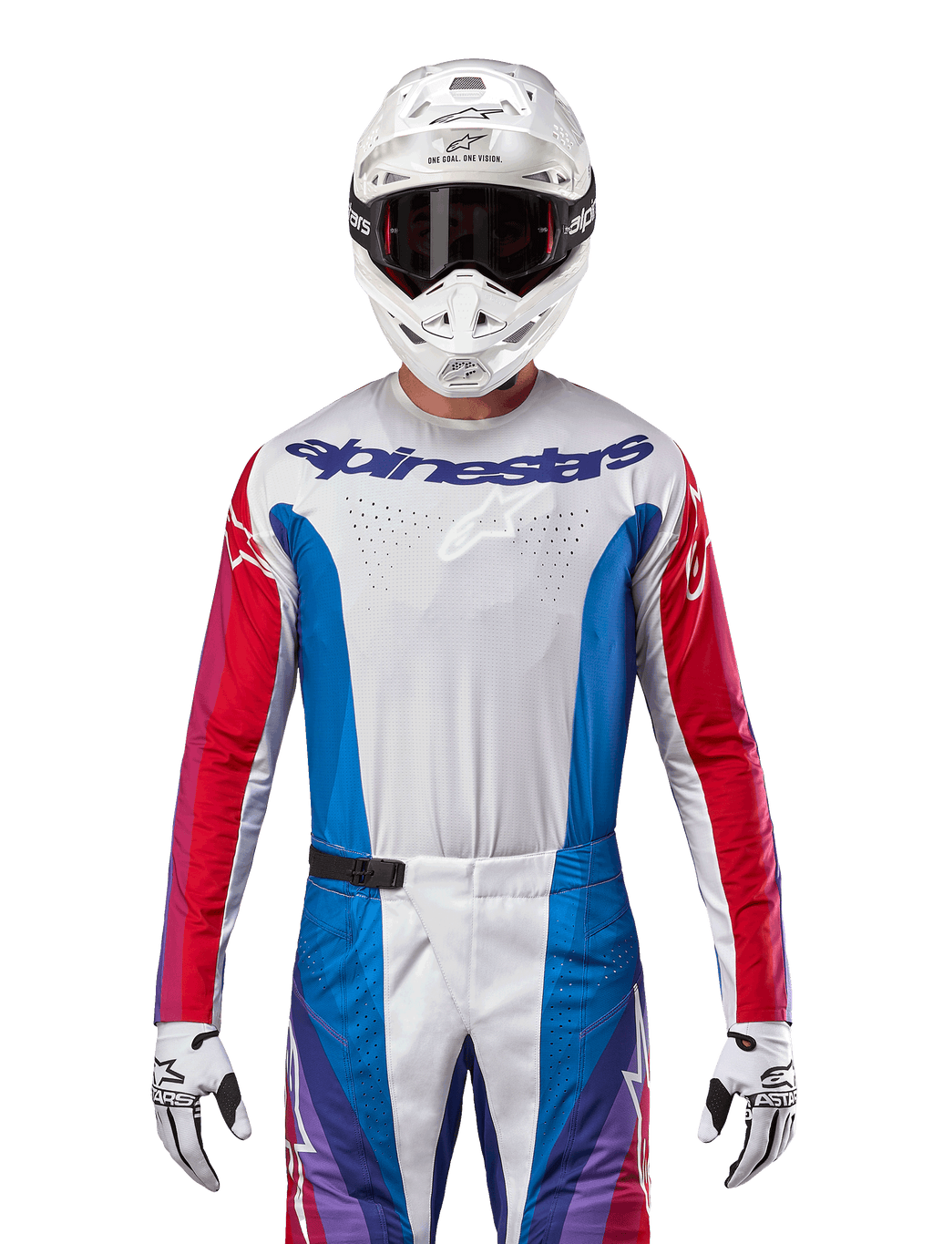 Alpinestars 2024 Techstar Pneuma Jersey, motorcross jersey, blauw, Mars Red en wit, vooraanzicht gedragen door een rijder met witte helm en handschoenen, voorzien van lasergesneden perforaties op de borst en opvallende branding, atletische racekleding voor off-road