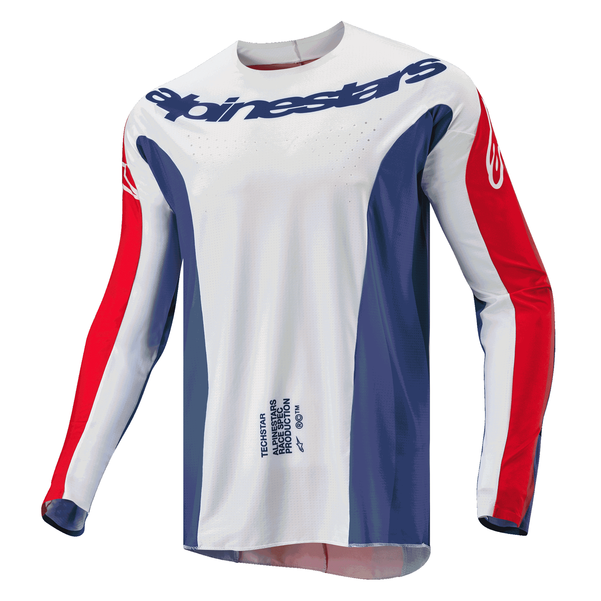 Alpinestars 2024 Techstar Pneuma Jersey, motorcross jersey, blauw, rood en wit, wit hoofdgedeelte met blauwe zijpanelen en rode mouwaccenten, Alpinestars-logo op de borst, lichtgewicht atletische racepasvorm voor off-road rijden