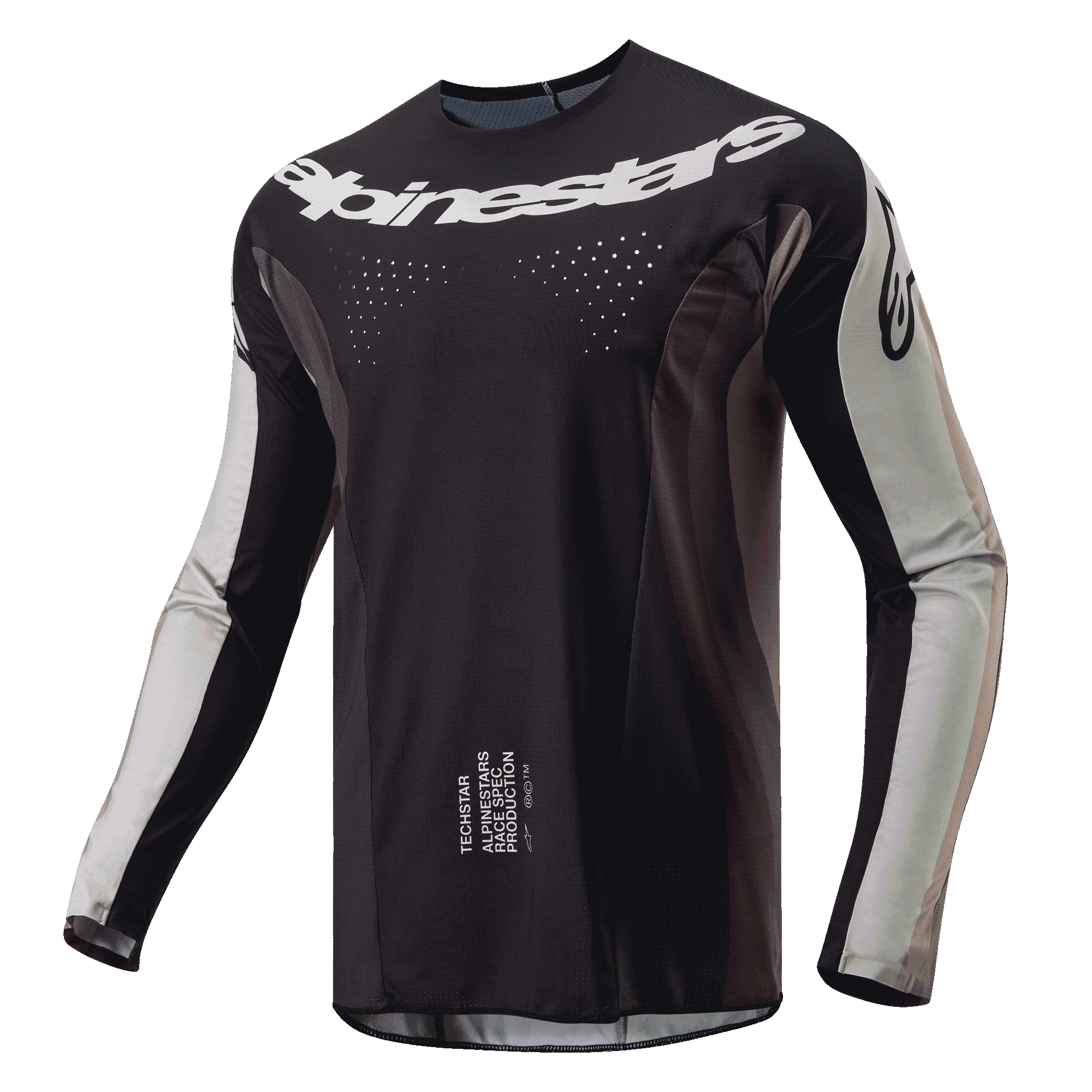 Alpinestars 2024 Techstar Pneuma Jersey, motocross jersey, Dark Sand en Iron Dust Gray, zwart hoofdgedeelte met lichtgrijze mouwpanelen, wit Alpinestars-logo op de borst, laser-gesneden ventilatieperforaties, performance off-road uitrusting