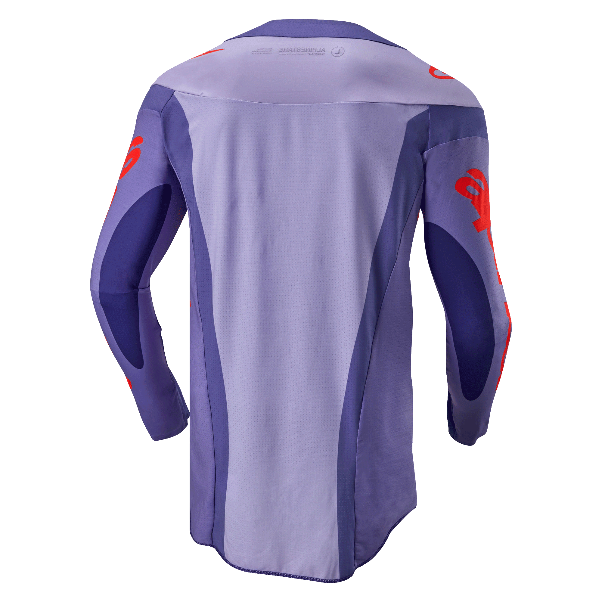 Alpinestars 2024 Techstar Ocuri Jersey, motocross shirt, paars en feloranje, achterkant met paars ontwerp van meerdere panelen en oranje logo-graphics op de mouwen en schouders, verlengde achterkant voor off-road raceprestaties.