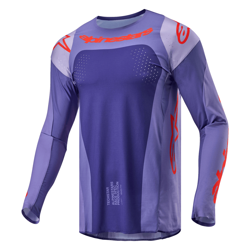 Alpinestars 2024 Techstar Ocuri Jersey, motorcross shirt, paars met feloranje, atletische pasvorm met lange mouwen en lasergesneden perforaties, opvallende oranje logo's op de borst en mouwen, vochtafvoerende poly-stof voor off-road racing