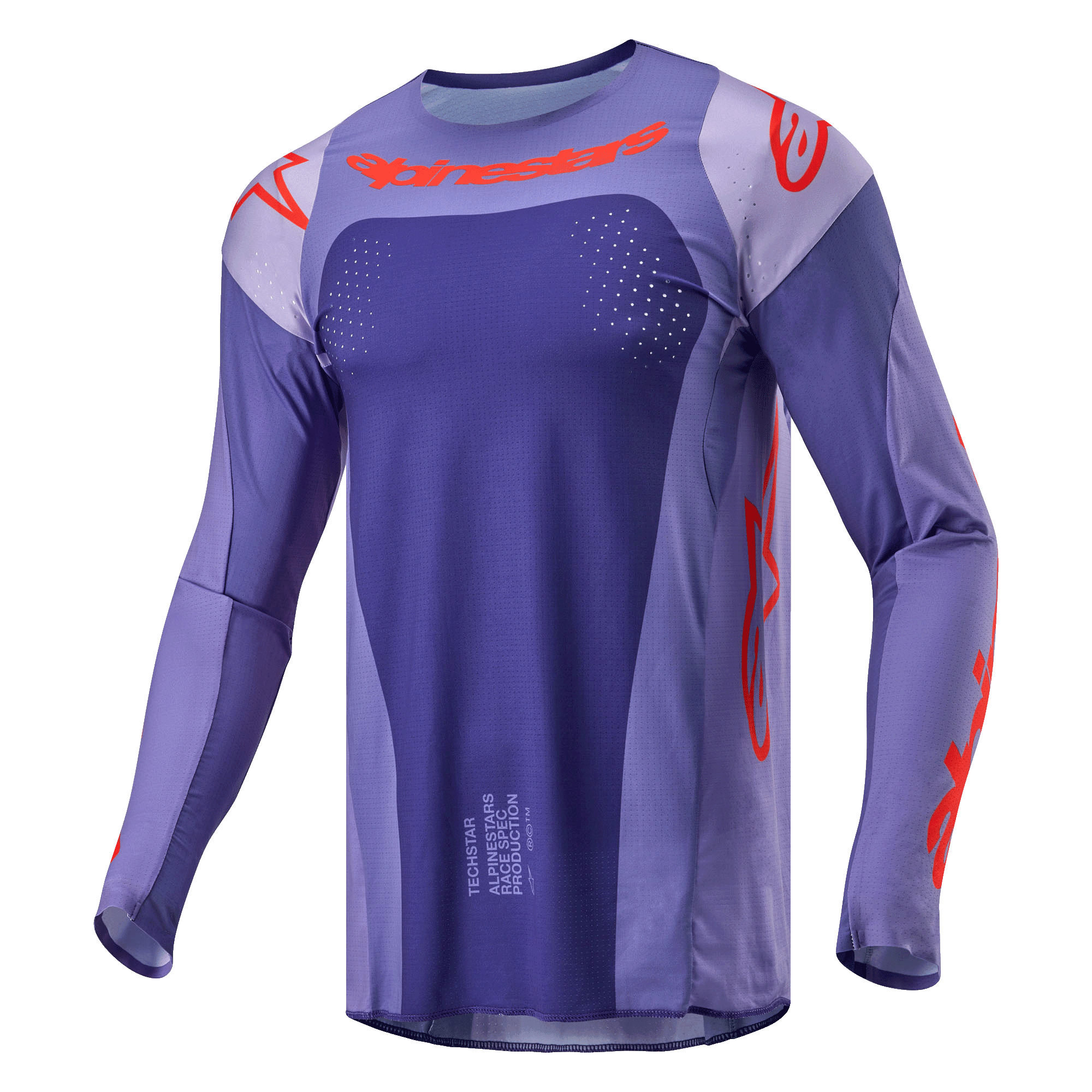 Alpinestars 2024 Techstar Ocuri Jersey, motorcross shirt, paars met feloranje, atletische pasvorm met lange mouwen en lasergesneden perforaties, opvallende oranje logo's op de borst en mouwen, vochtafvoerende poly-stof voor off-road racing
