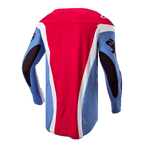 Alpinestars 2024 Techstar Ocuri Jersey, motocross shirt, lichtblauw, marsrood en wit, achteraanzicht met atletische racepasvorm, verlengde achterkant en zwarte mouwgraphics