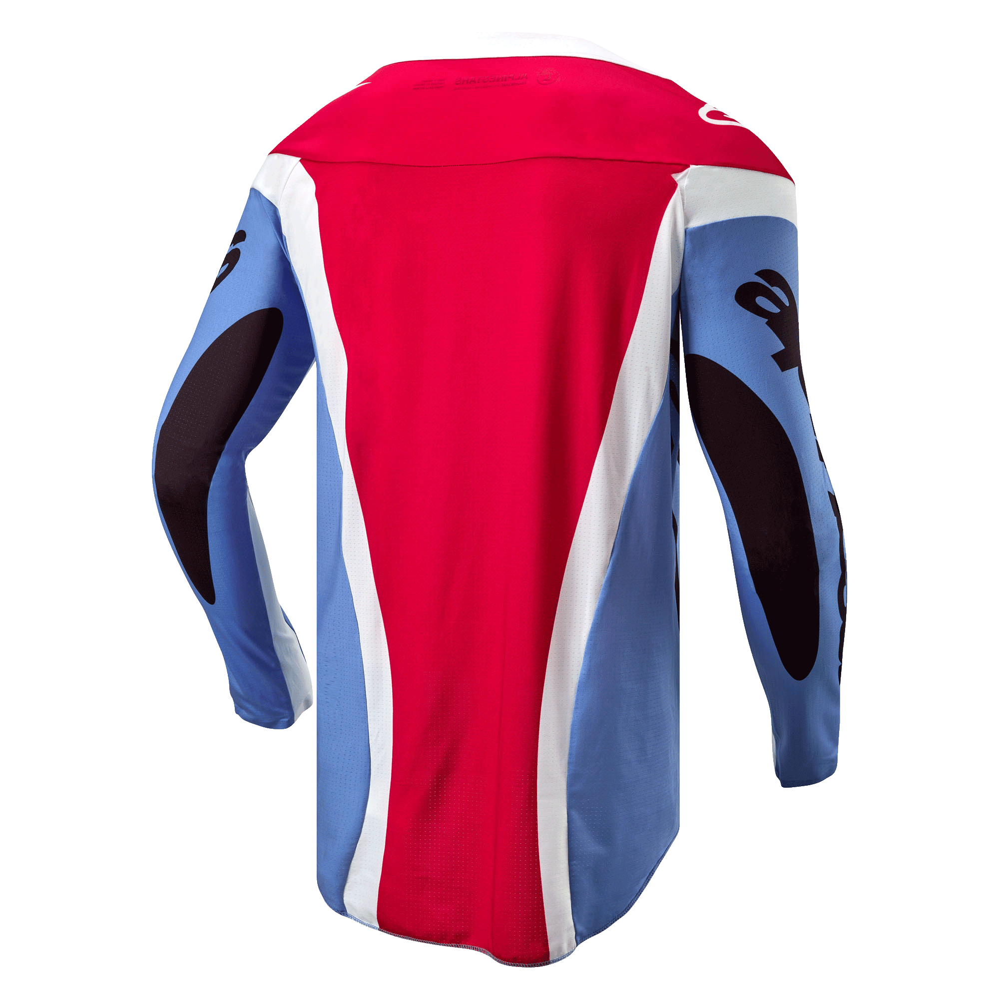 Alpinestars 2024 Techstar Ocuri Jersey, motocross shirt, lichtblauw, marsrood en wit, achteraanzicht met atletische racepasvorm, verlengde achterkant en zwarte mouwgraphics