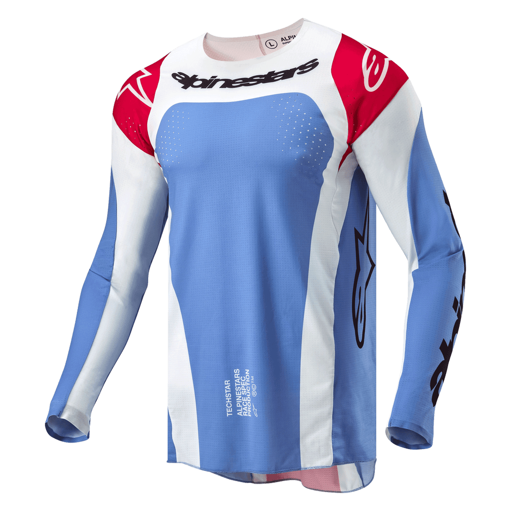 Alpinestars 2024 Techstar Ocuri Jersey, motocross jersey, lichtblauw, Mars Red en wit, met zwart Alpinestars-woordmerk op de borst, rode schouders met witte logo's en lasergesneden perforaties voor ventilatie.