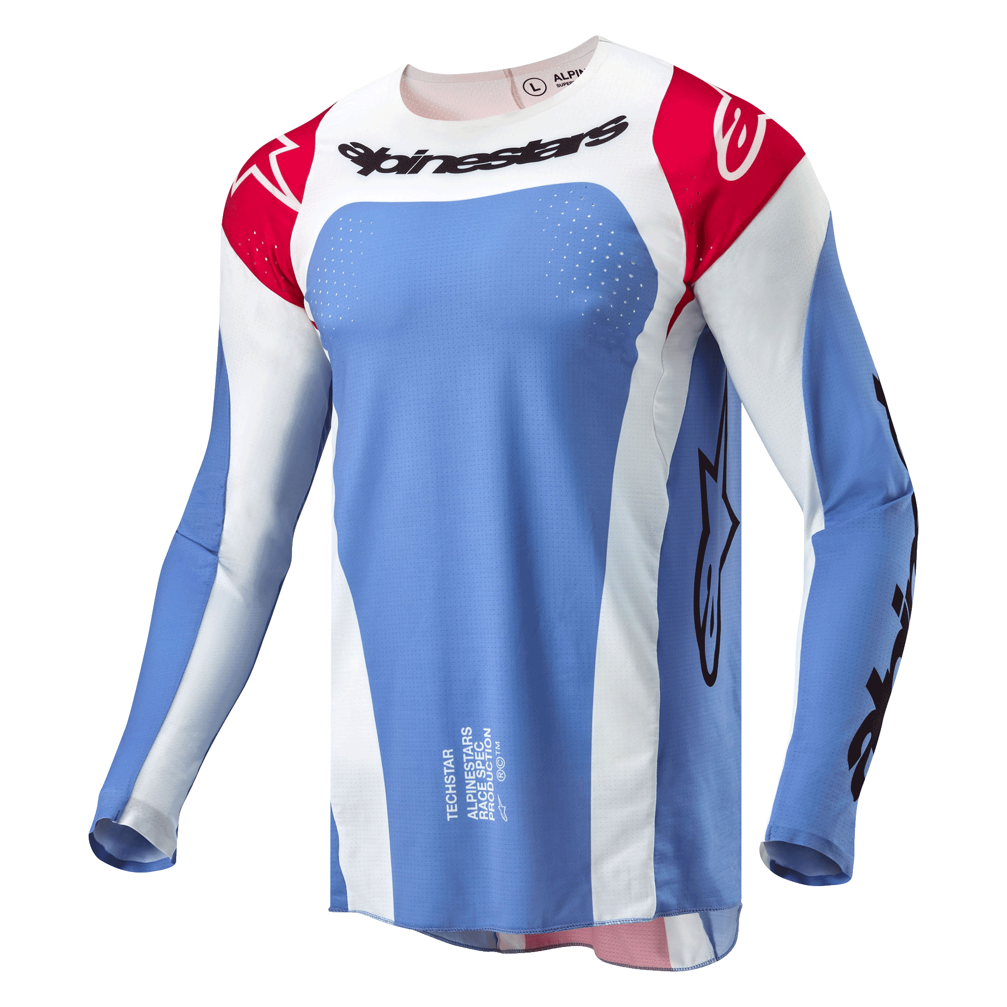 Alpinestars 2024 Techstar Ocuri Jersey, motocross jersey, lichtblauw, Mars Red en wit, met zwart Alpinestars-woordmerk op de borst, rode schouders met witte logo's en lasergesneden perforaties voor ventilatie.