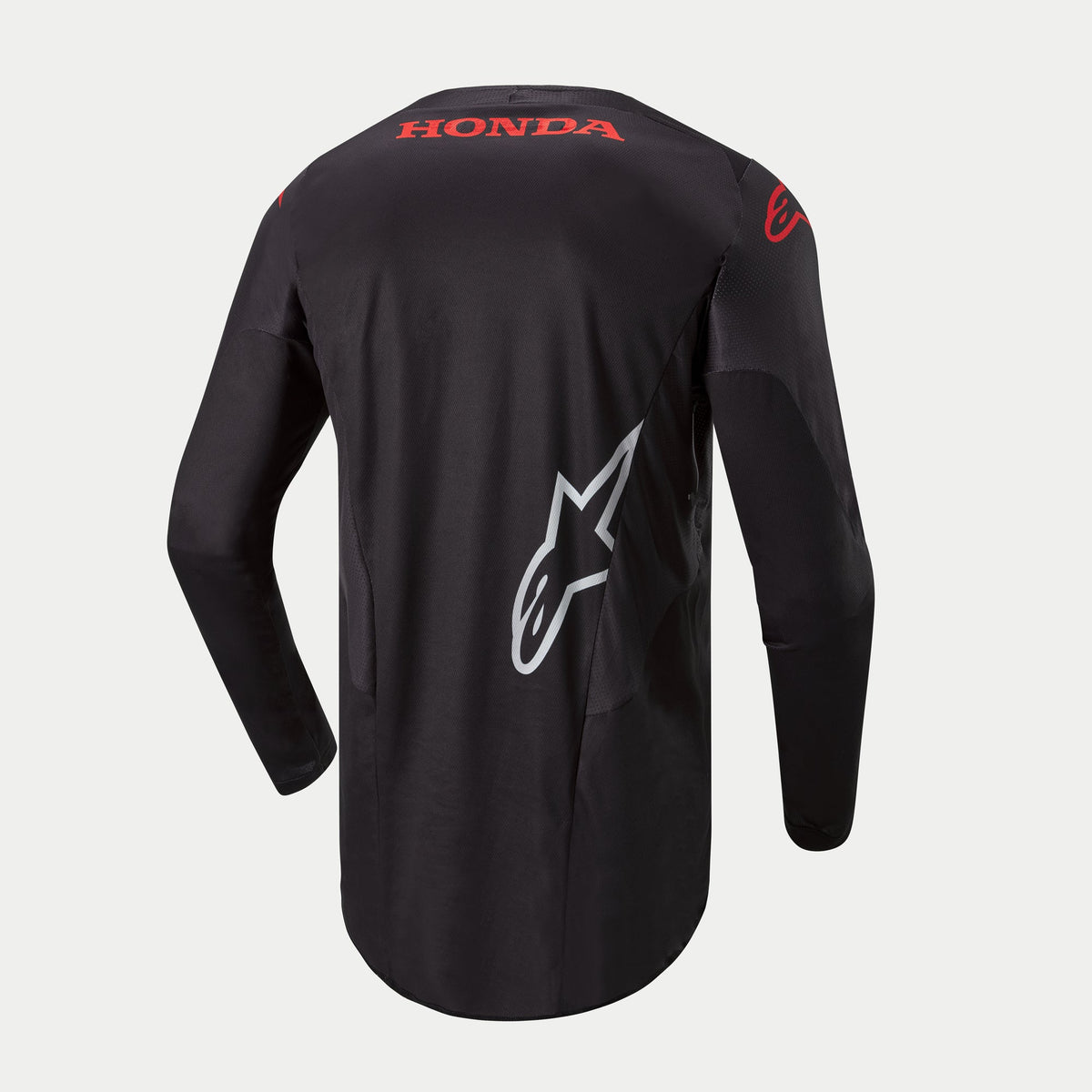 Alpinestars Honda Racer Iconic jersey, heren motorcross jersey met lange mouwen, zwart met rode en witte brandingdetails, achteraanzicht met Honda-logo en Alpinestars-graphics, verlengde achterzoom