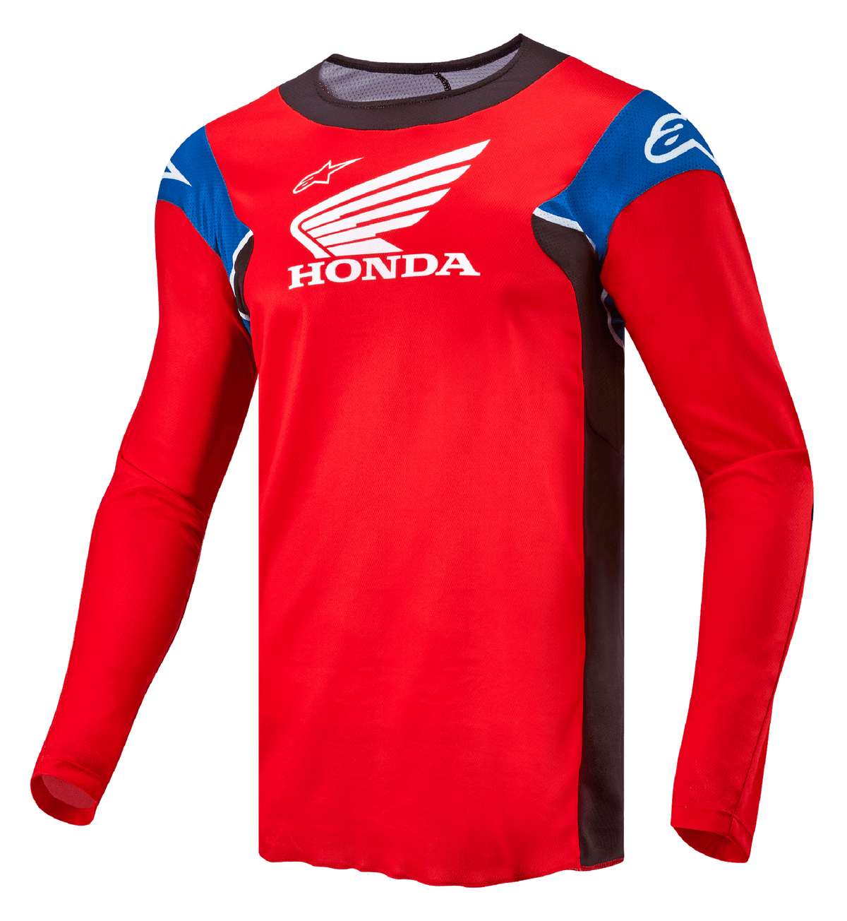 Alpinestars Honda Racer Iconic Jersey, langdurig motocross-shirt voor heren, felrood met zwarte, blauwe en witte accenten, met Honda- en Alpinestars-logo's