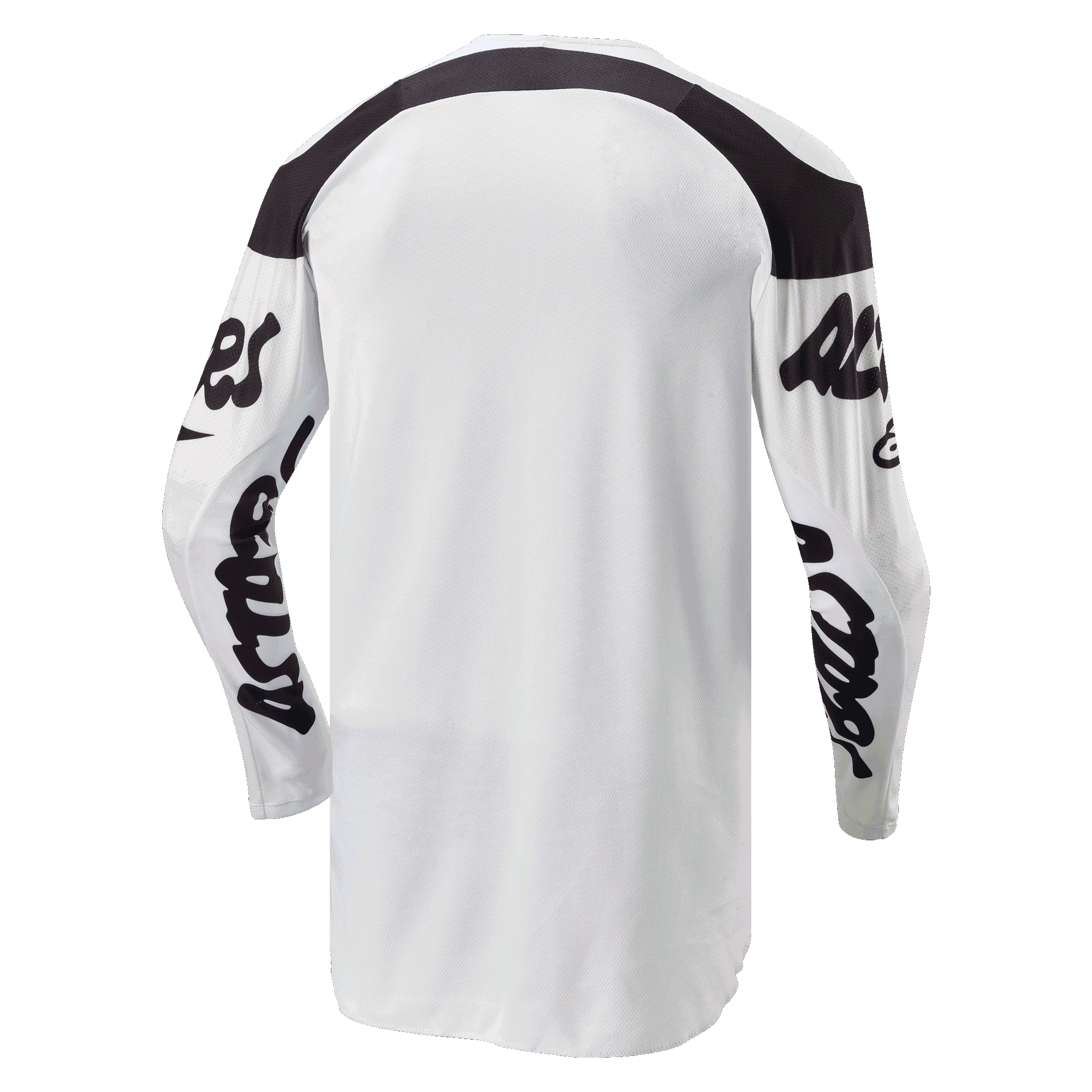Alpinestars 2024 Racer Hana Jersey, motocross jersey, wit en zwart, achteraanzicht met verlengde achterzijde voor extra bedekking, zwarte panelen op de schouders en zwarte script-logo's op de mouwen, duurzame vochtregulerende stof voor off-road prestaties