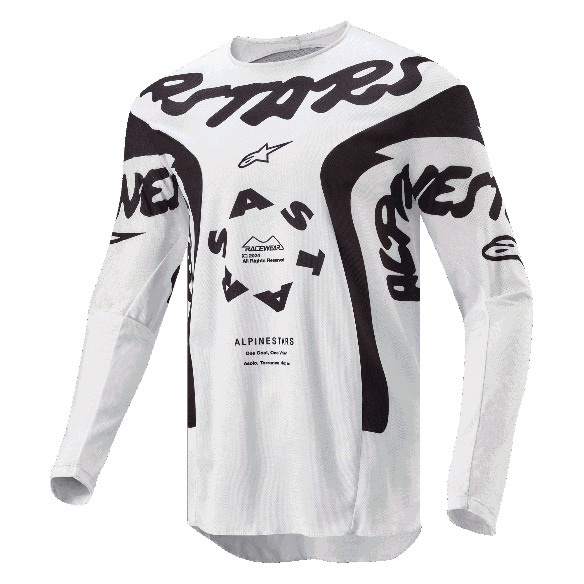 Alpinestars 2024 Racer Hana Jersey, motocross jersey, wit en zwart, met opvallende zwarte Alpinestars-branding op de borst, cirkelvormig ASTARS-logo en technische mesh-panelen voor off-road prestaties