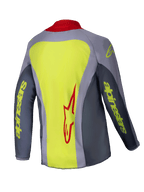 Alpinestars 2025 Youth Racer Melt Jersey, jeugd motorcross shirt, felrood grijs, achteraanzicht met een groot neongeel paneel en rood Alpinestars-logo, grijze mouwen met neongele branding, rode kraag, technische sportieve pasvorm voor off-road racing