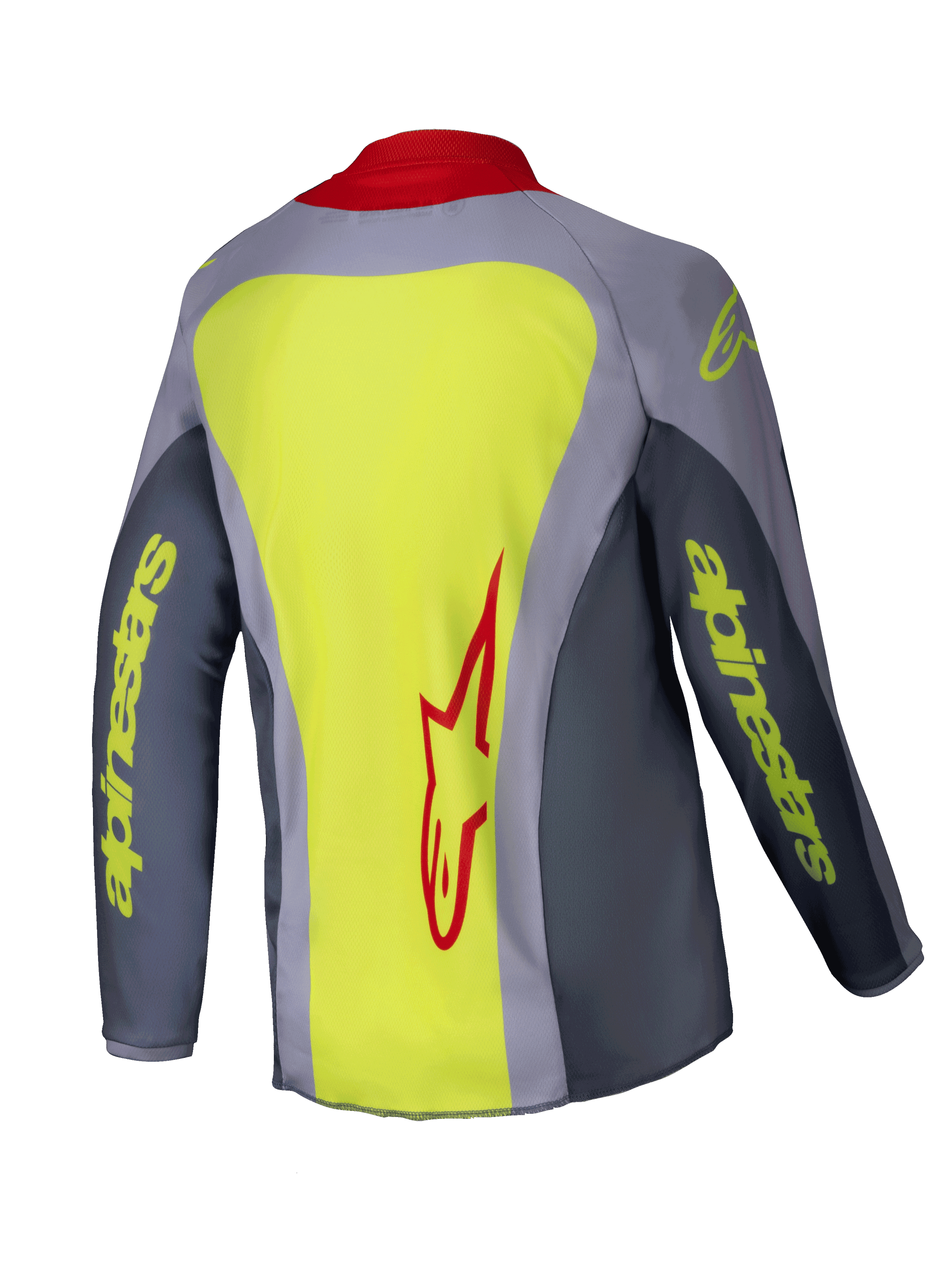 Alpinestars 2025 Youth Racer Melt Jersey, Motocross Jersey, Bright Red and Gray with Neon Yellow accents, back view showing a large neon yellow panel with a red Alpinestars logo, gray sleeves with yellow text branding, and a red collar, lightweight technical apparel for off-road racing