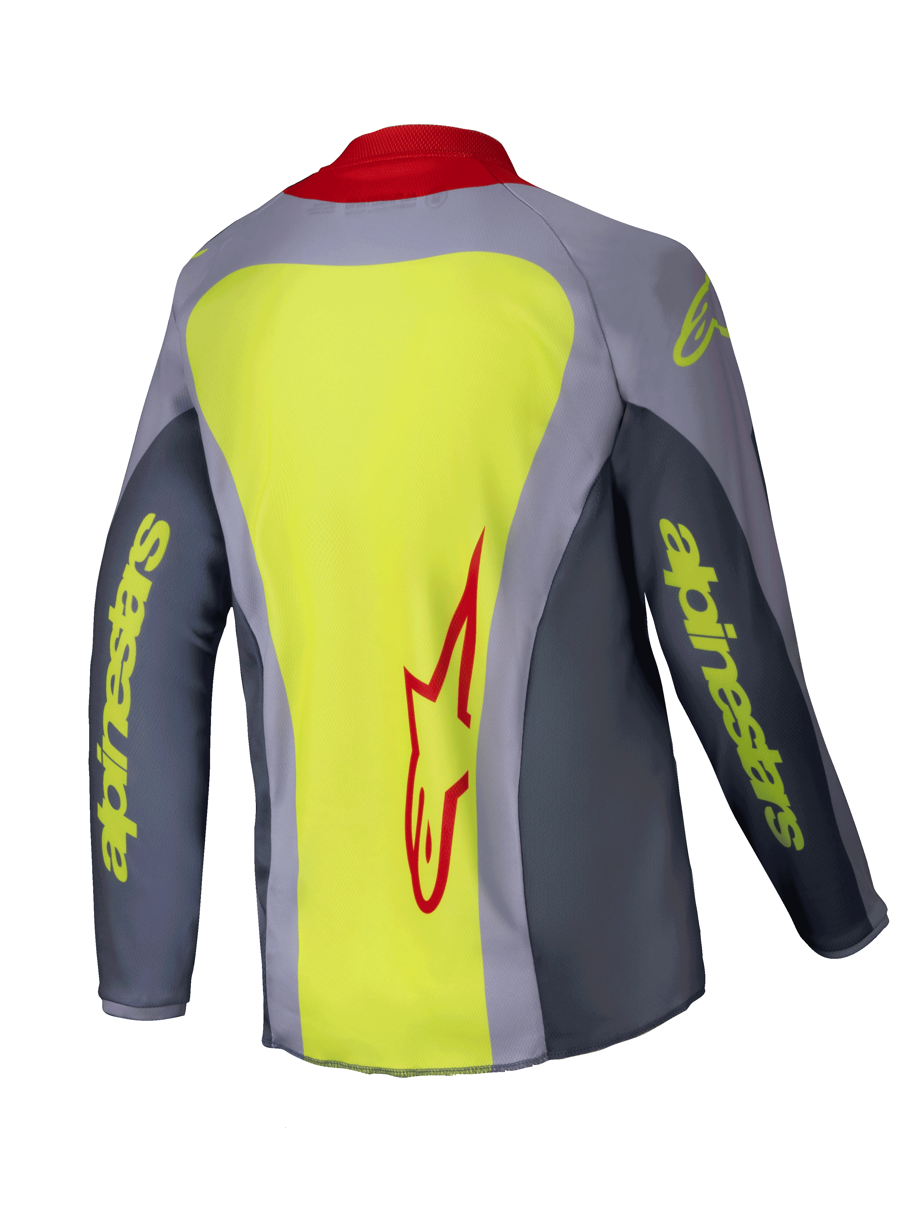 Alpinestars 2025 Youth Racer Melt Jersey, motorcross shirt, felrood en grijs met neongele accenten, achteraanzicht met een groot neongeel paneel en rood Alpinestars-logo, grijze mouwen met gele tekstbranding en rode kraag, lichtgewicht technische kleding voor off-road racen