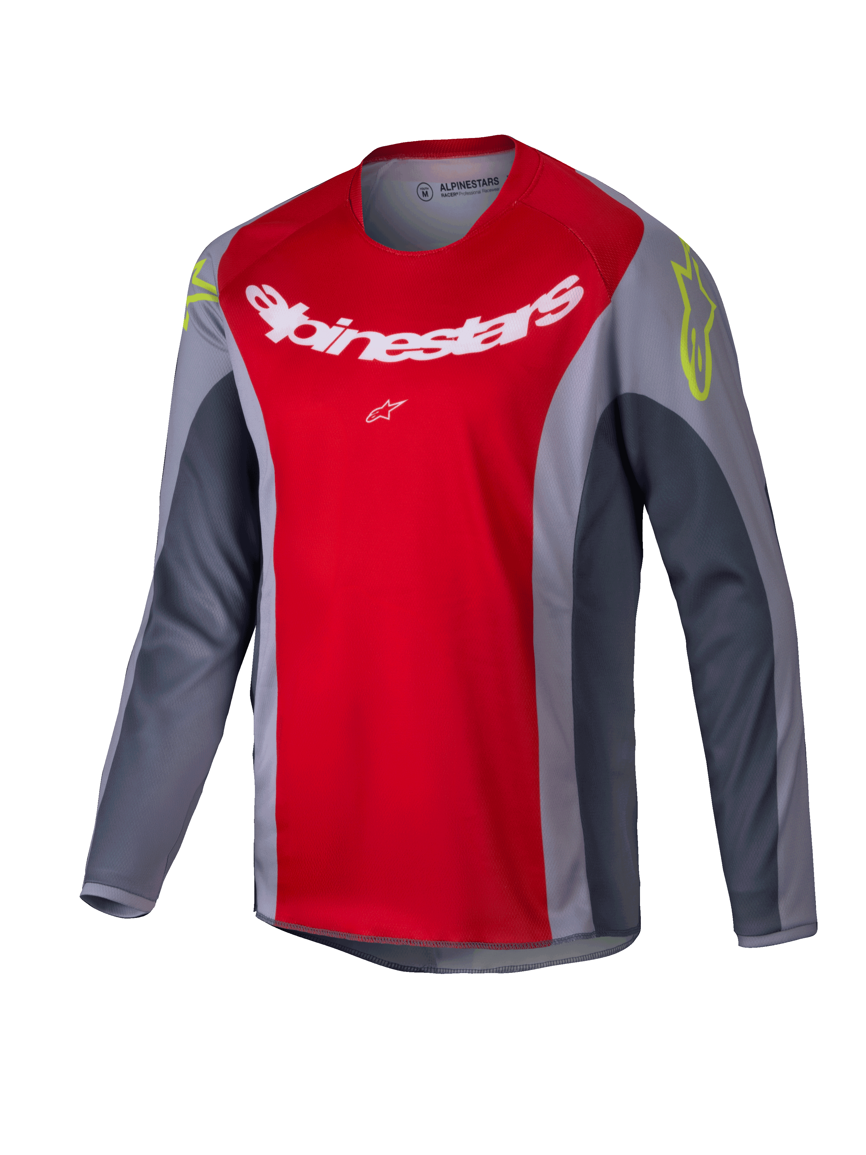 Alpinestars 2025 Youth Racer Melt Jersey, jeugd motorcrossshirt, felrood en grijs, voorzien van een groot wit logo op de borst en neongele accenten op de schouders, technische stof met lange mouwen voor off-road rijden