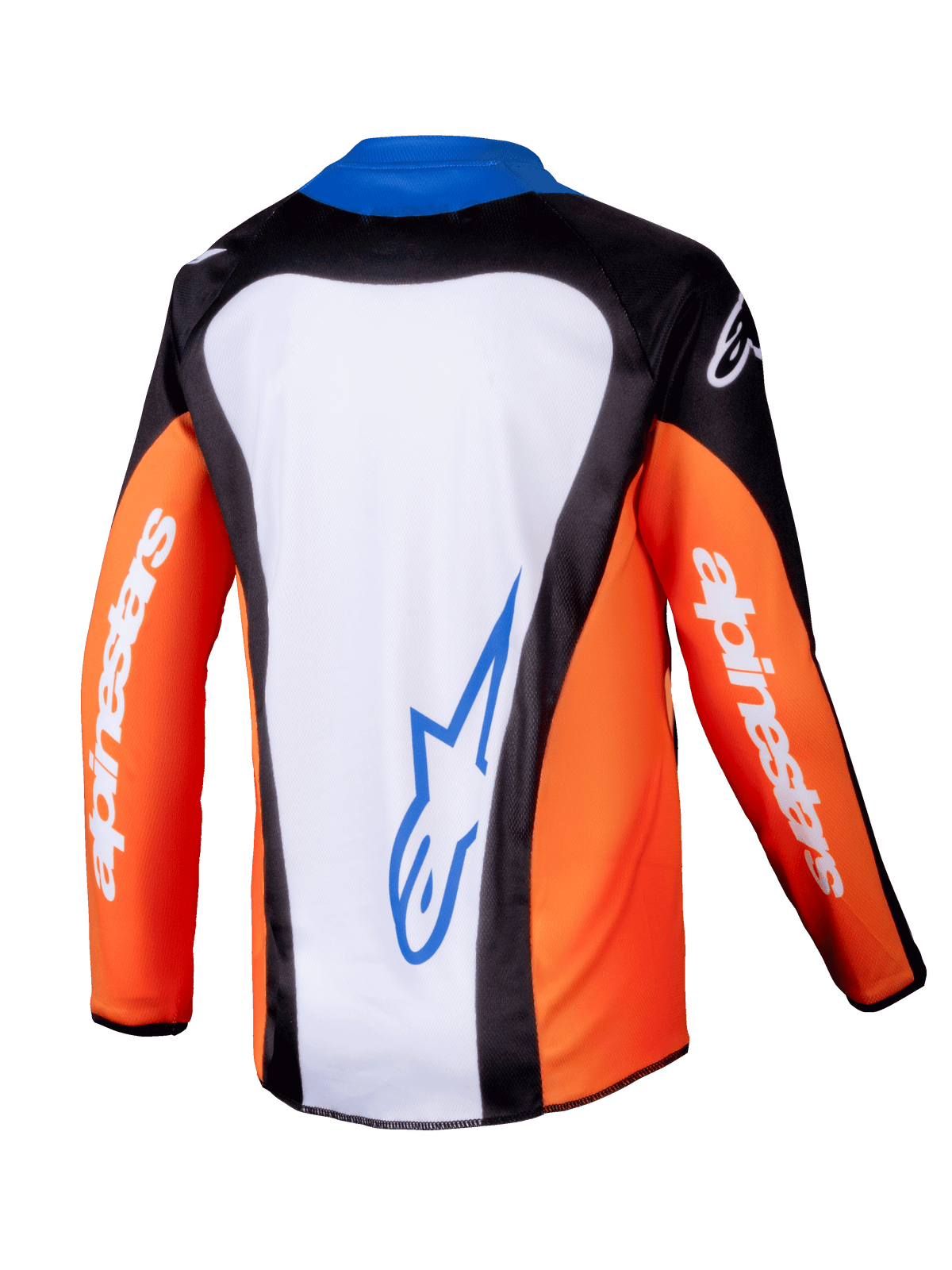 Alpinestars 2025 Youth Racer Melt Jersey, motocross shirt, oranje, blauw en wit, achteraanzicht met wit rugpaneel en blauw logo, oranje mouwen met witte merkdetails, ergonomisch ontwerp voor off-road rijden