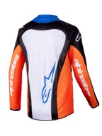 Alpinestars 2025 Youth Racer Melt Jersey, motocross shirt, oranje, blauw en wit, achteraanzicht met wit rugpaneel en blauw logo, oranje mouwen met witte merkdetails, ergonomisch ontwerp voor off-road rijden