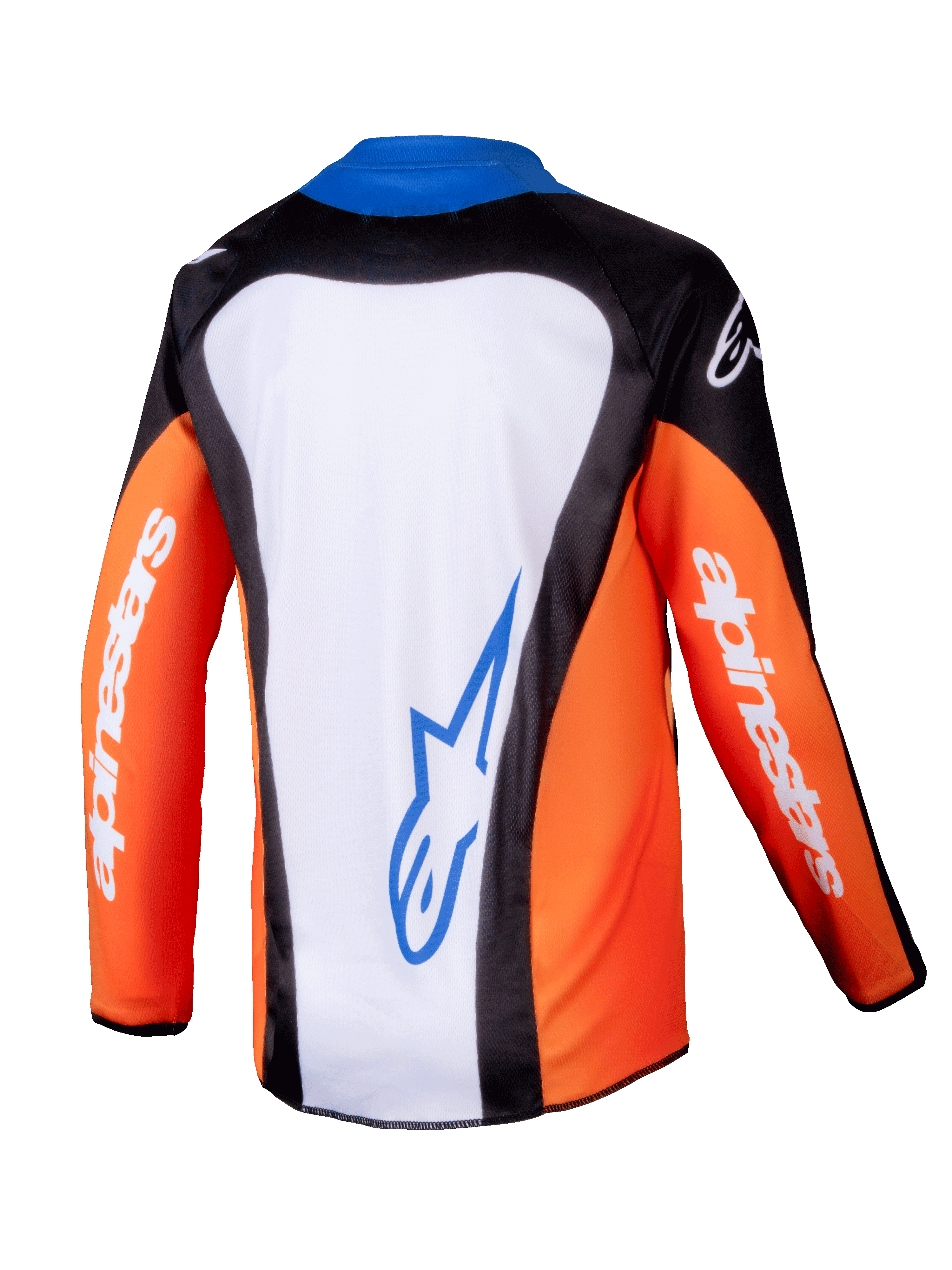 Alpinestars 2025 Youth Racer Melt Jersey, motocross shirt, oranje, blauw en wit, achteraanzicht met wit rugpaneel en blauw logo, oranje mouwen met witte merkdetails, ergonomisch ontwerp voor off-road rijden