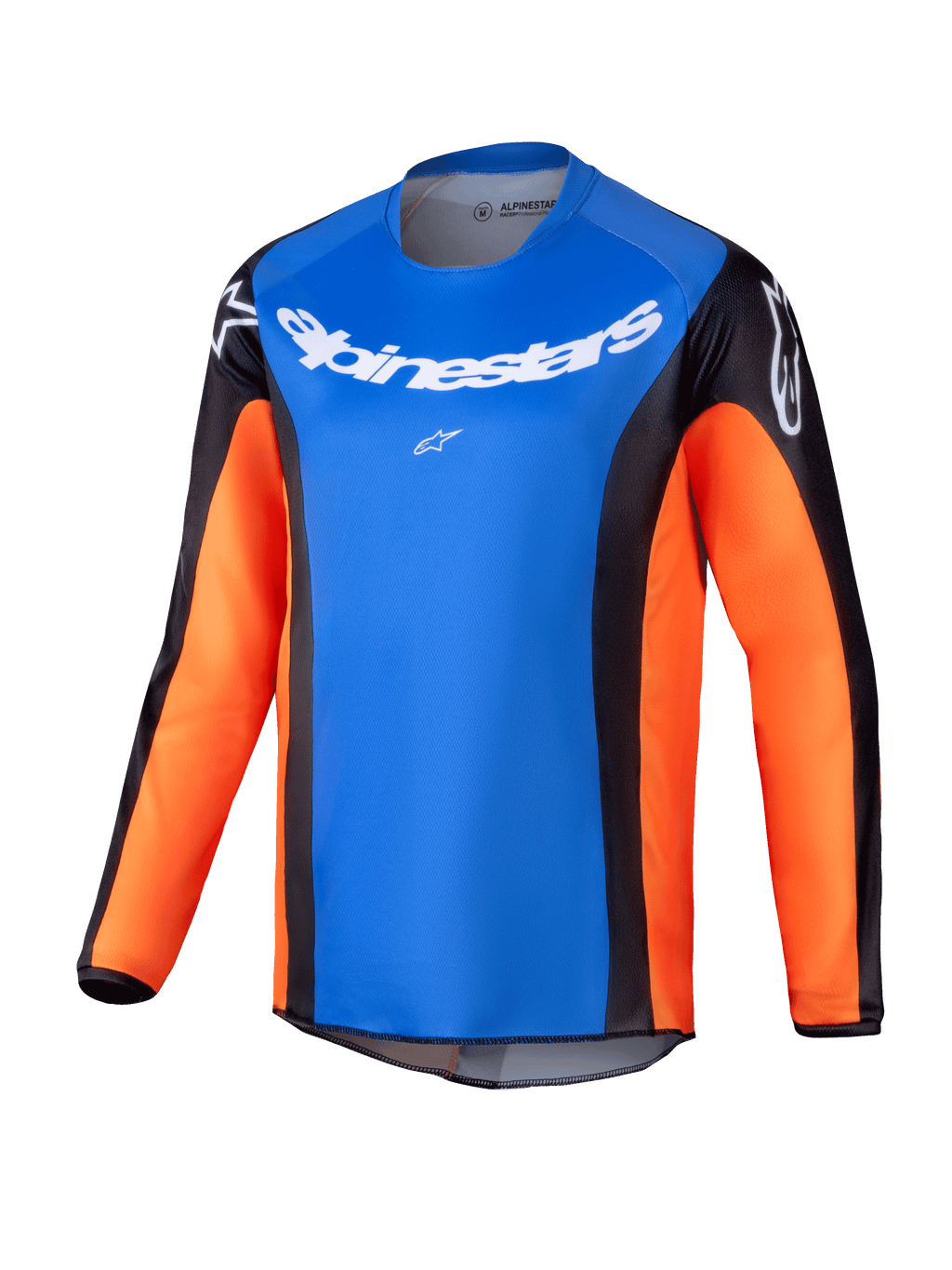 Alpinestars 2025 Youth Racer Melt Jersey, jeugd motocross shirt met lange mouwen, helderblauwe borst met oranje mouwen en zwarte zijpanelen, witte Alpinestars-branding op de borst en schouders, lichtgewicht vochtafvoerende stof voor off-road rijden voor de jeugd