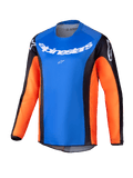 Alpinestars 2025 Youth Racer Melt Jersey, jeugd motocross shirt met lange mouwen, helderblauwe borst met oranje mouwen en zwarte zijpanelen, witte Alpinestars-branding op de borst en schouders, lichtgewicht vochtafvoerende stof voor off-road rijden voor de jeugd
