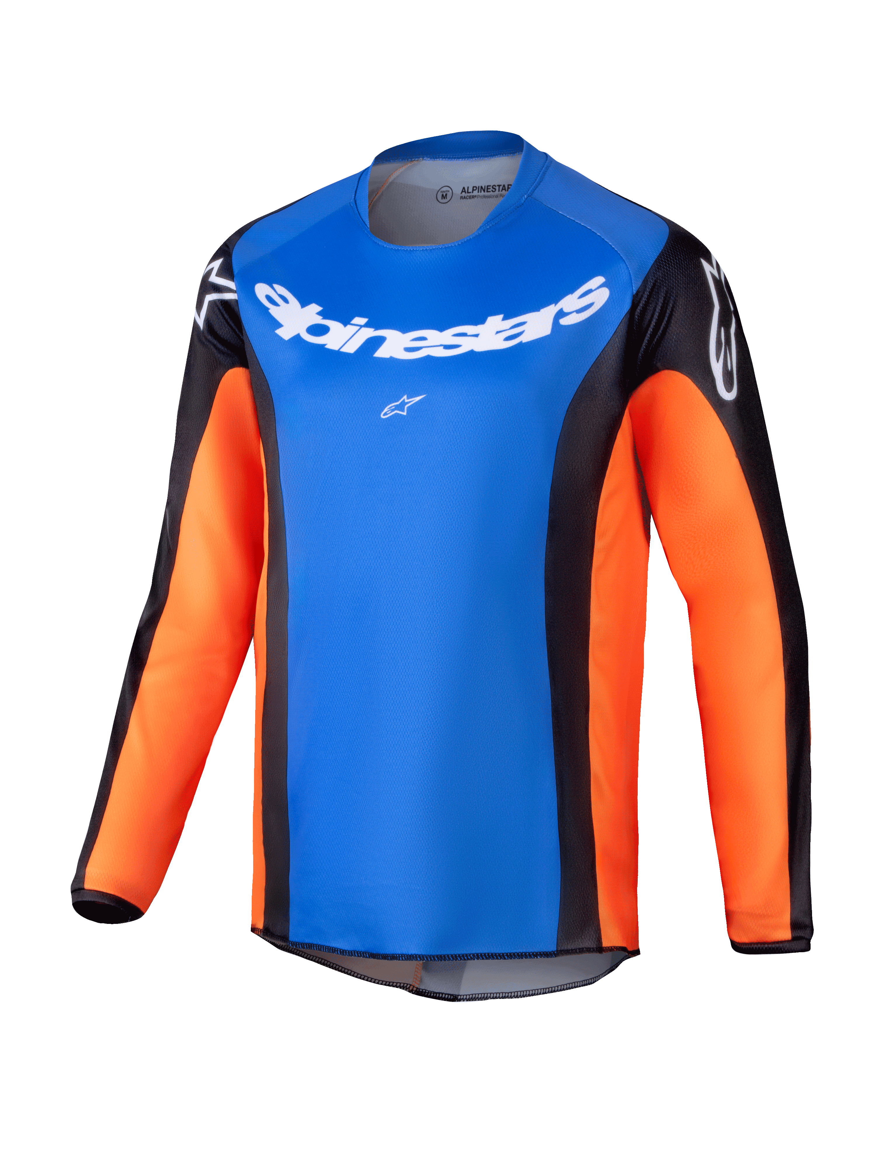 Alpinestars 2025 Youth Racer Melt Jersey, jeugd motocross shirt met lange mouwen, helderblauwe borst met oranje mouwen en zwarte zijpanelen, witte Alpinestars-branding op de borst en schouders, lichtgewicht vochtafvoerende stof voor off-road rijden voor de jeugd