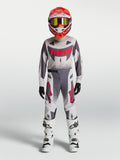 Alpinestars Jeugd Supertech Swan Jersey en Gear Set 2027, grijs en wit motocrossoutfit met rode accenten.