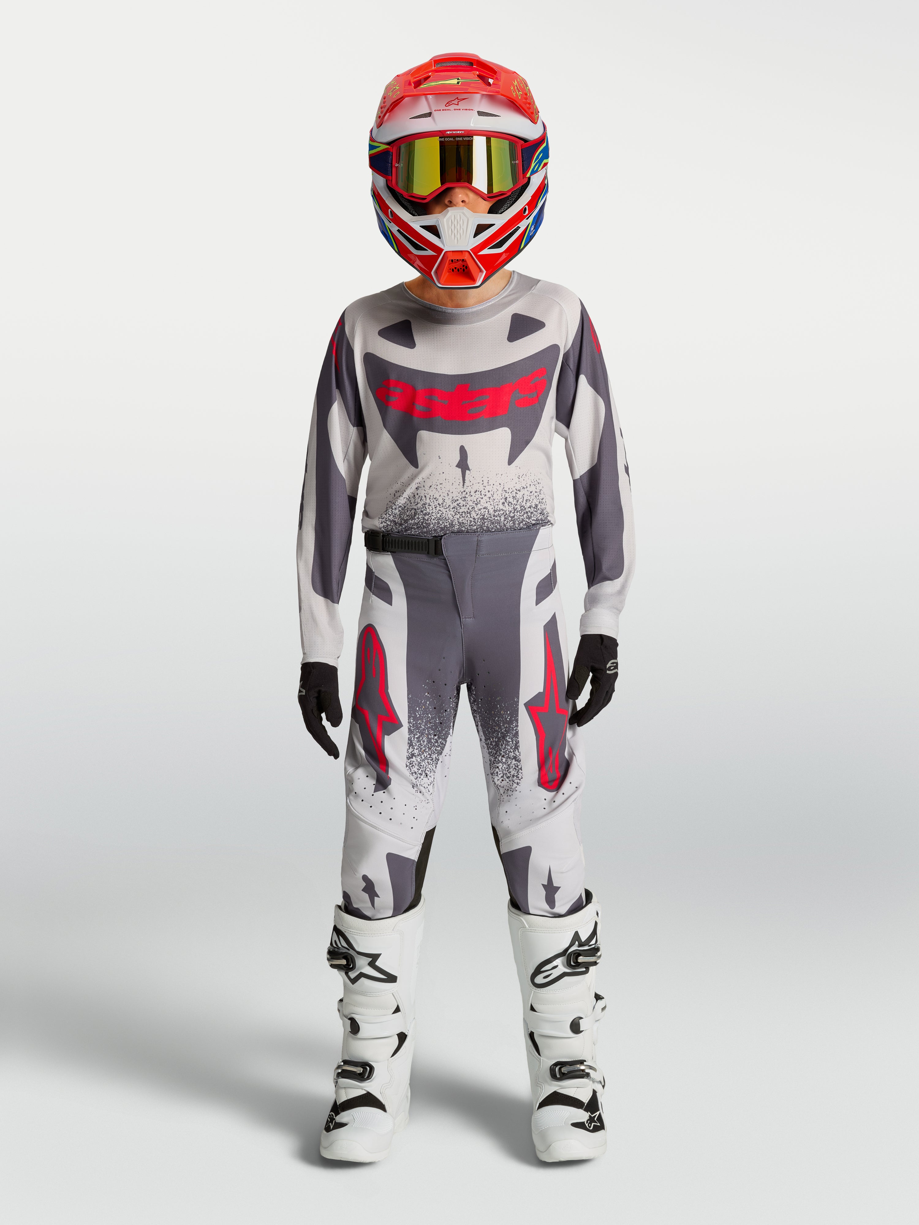 Alpinestars 2027 Youth Supertech Swan Jersey and Gear Set, gray and white motocross racing outfit with red accents.