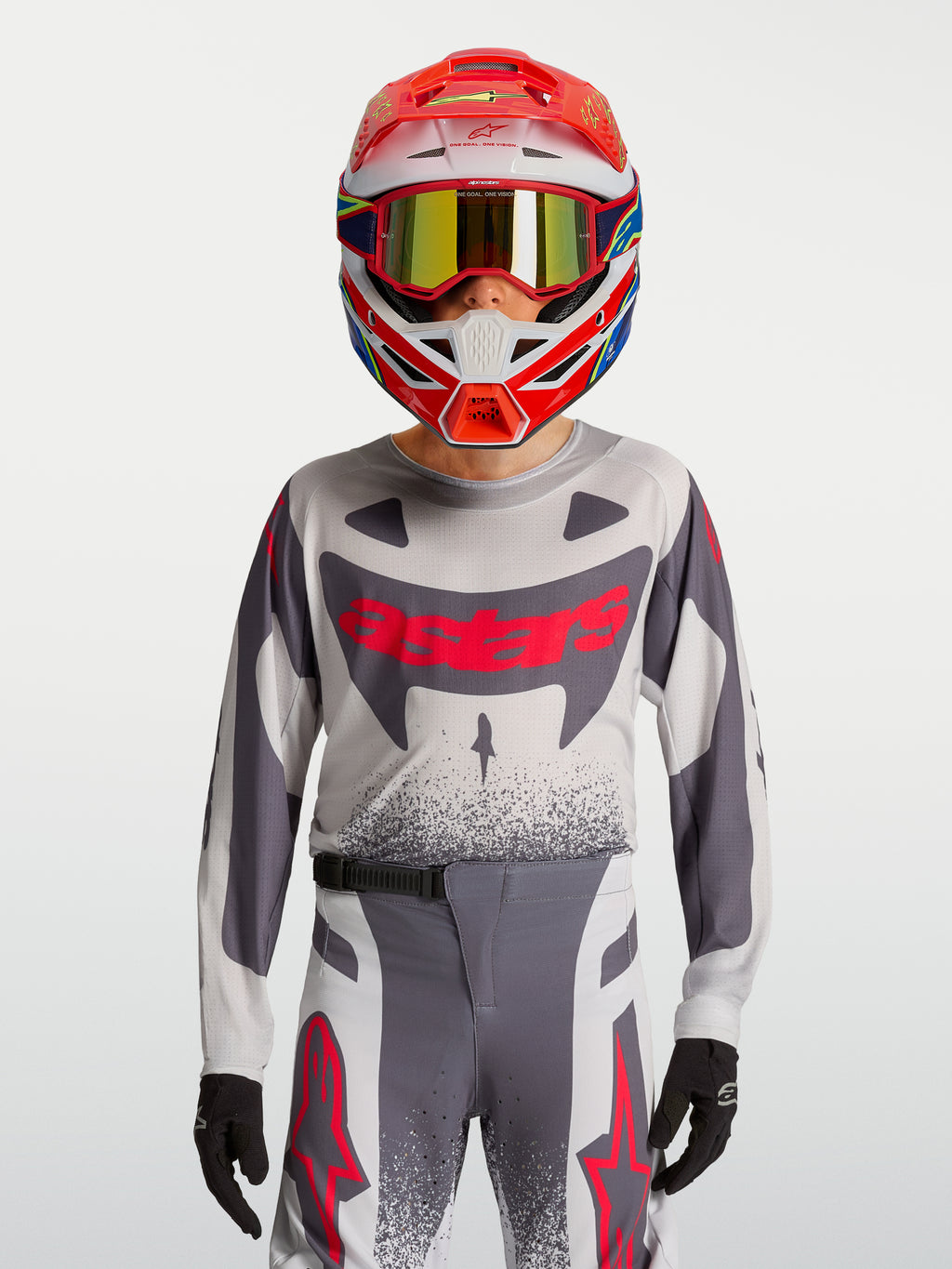 Alpinestars Jeugd Supertech Swan jersey en gear set, grijze en fluo rode motocross-outfit van ademend stretchmesh.