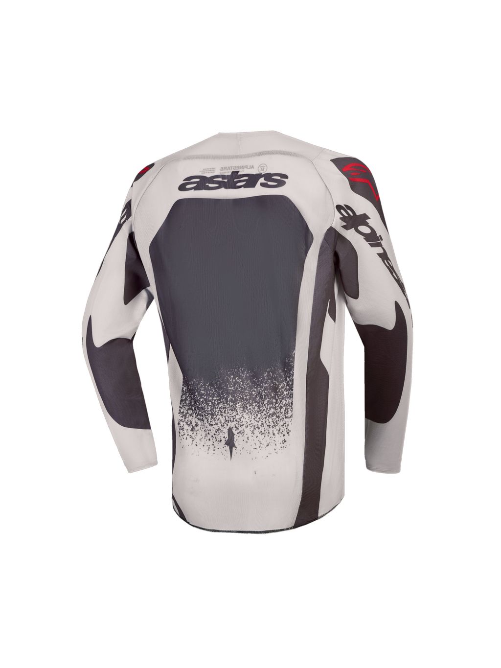 Alpinestars Jeugd Supertech Swan Jersey 2027, motocrossjersey voor kinderen, achteraanzicht, grijs en donkergrijs met rode accenten, geventileerd stretchmesh, atletische racepasvorm.