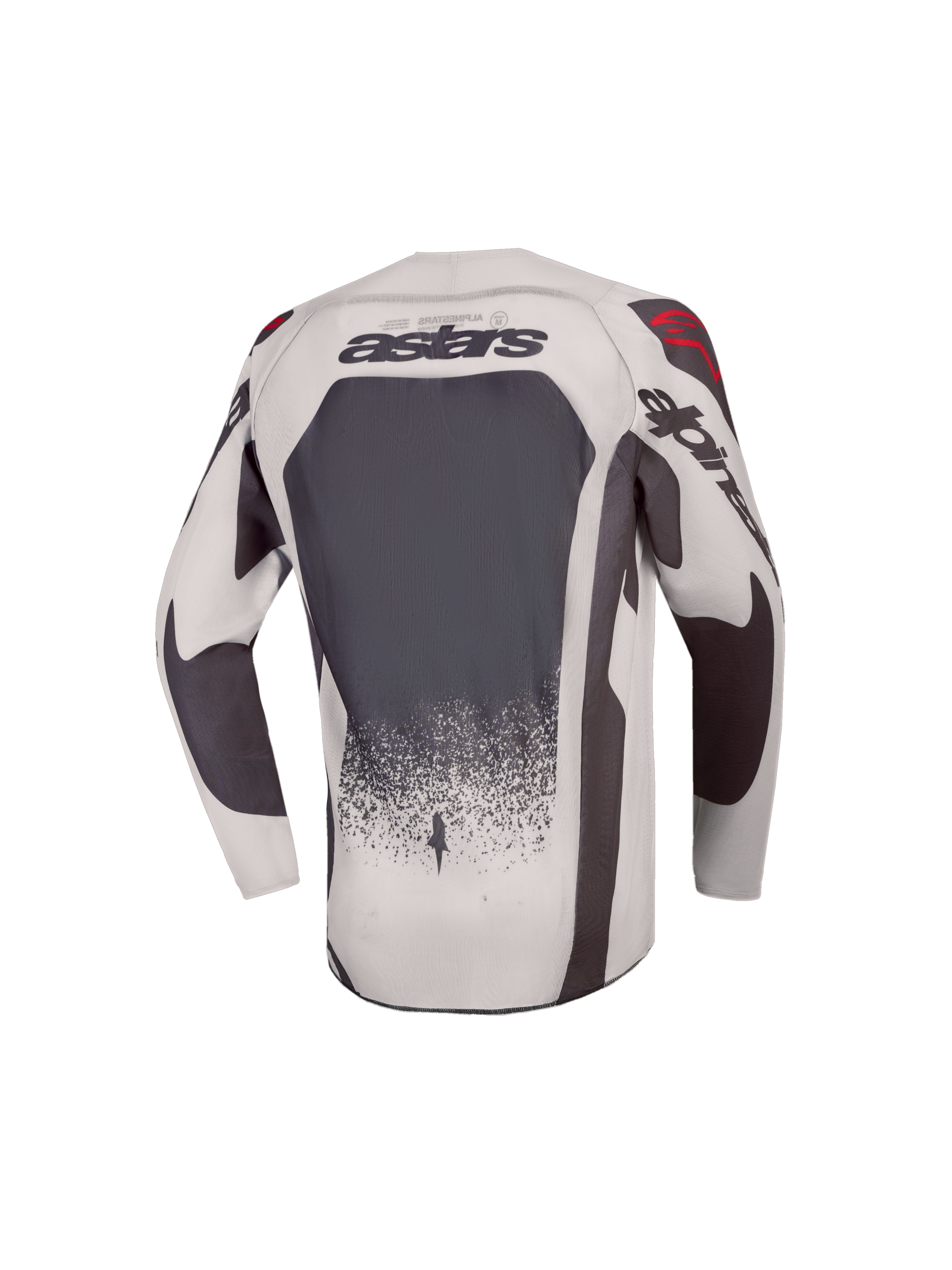 Alpinestars Jeugd Supertech Swan Jersey 2027, motocrossjersey voor kinderen, achteraanzicht, grijs en donkergrijs met rode accenten, geventileerd stretchmesh, atletische racepasvorm.