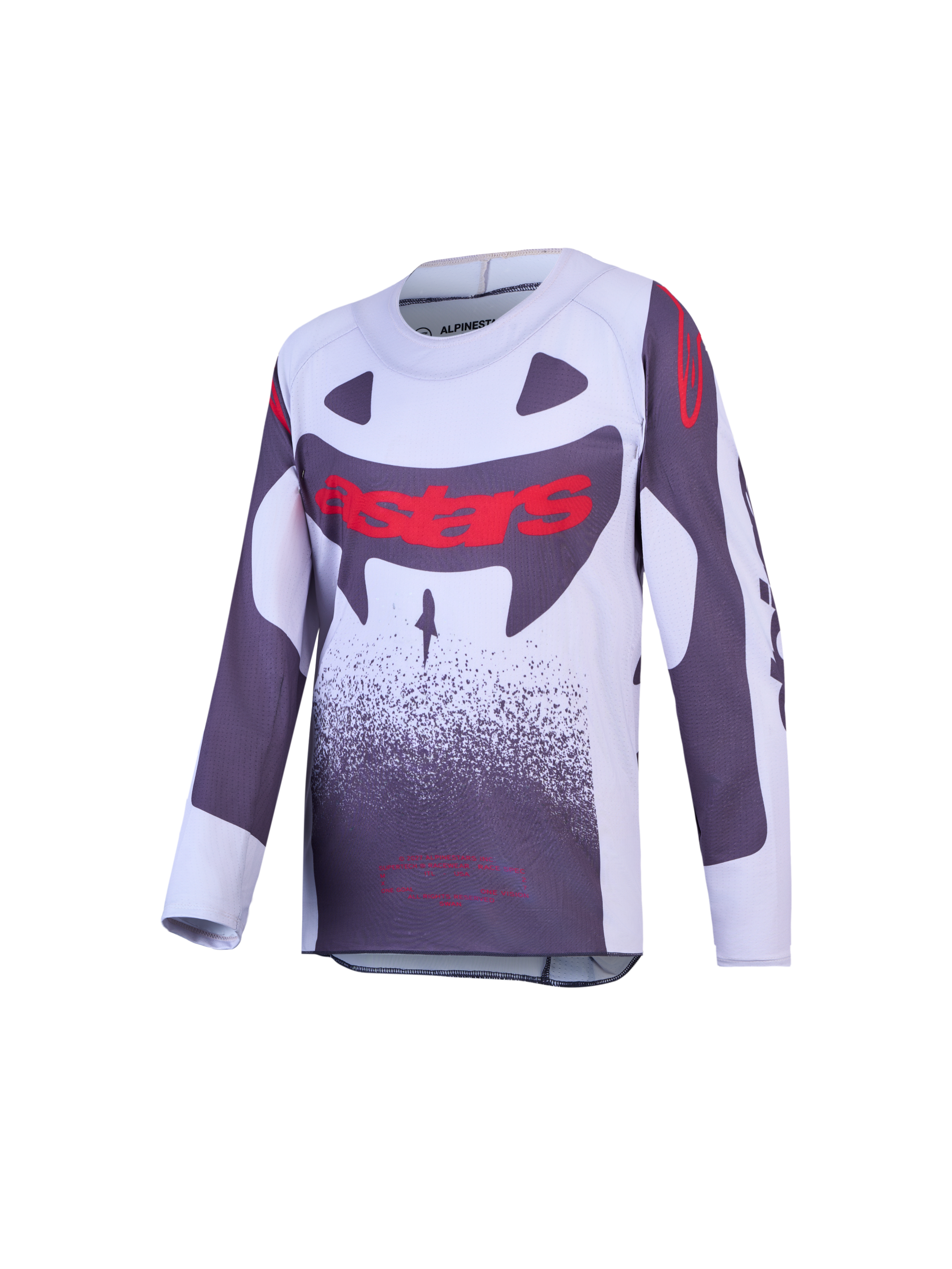 Alpinestars Jeugd Supertech Swan Jersey voor motorcross, grijs en wit met rode graphics, lichtgewicht stretch-mesh constructie.